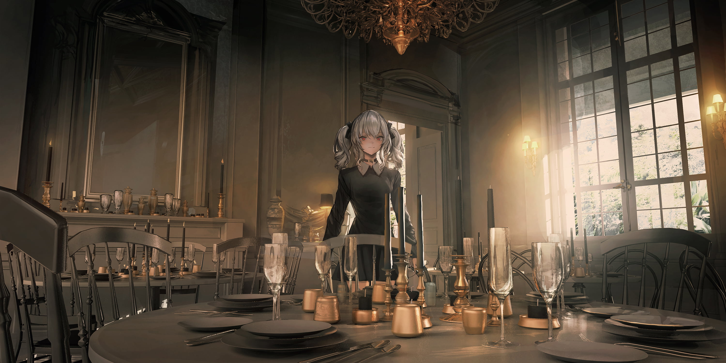 2K, looking at viewer, red eyes, smiling, table, Pixiv, artwork, dress, drawing, pigtails, chair, original characters, digital art, candles, drinking glass, HD Wallpaper