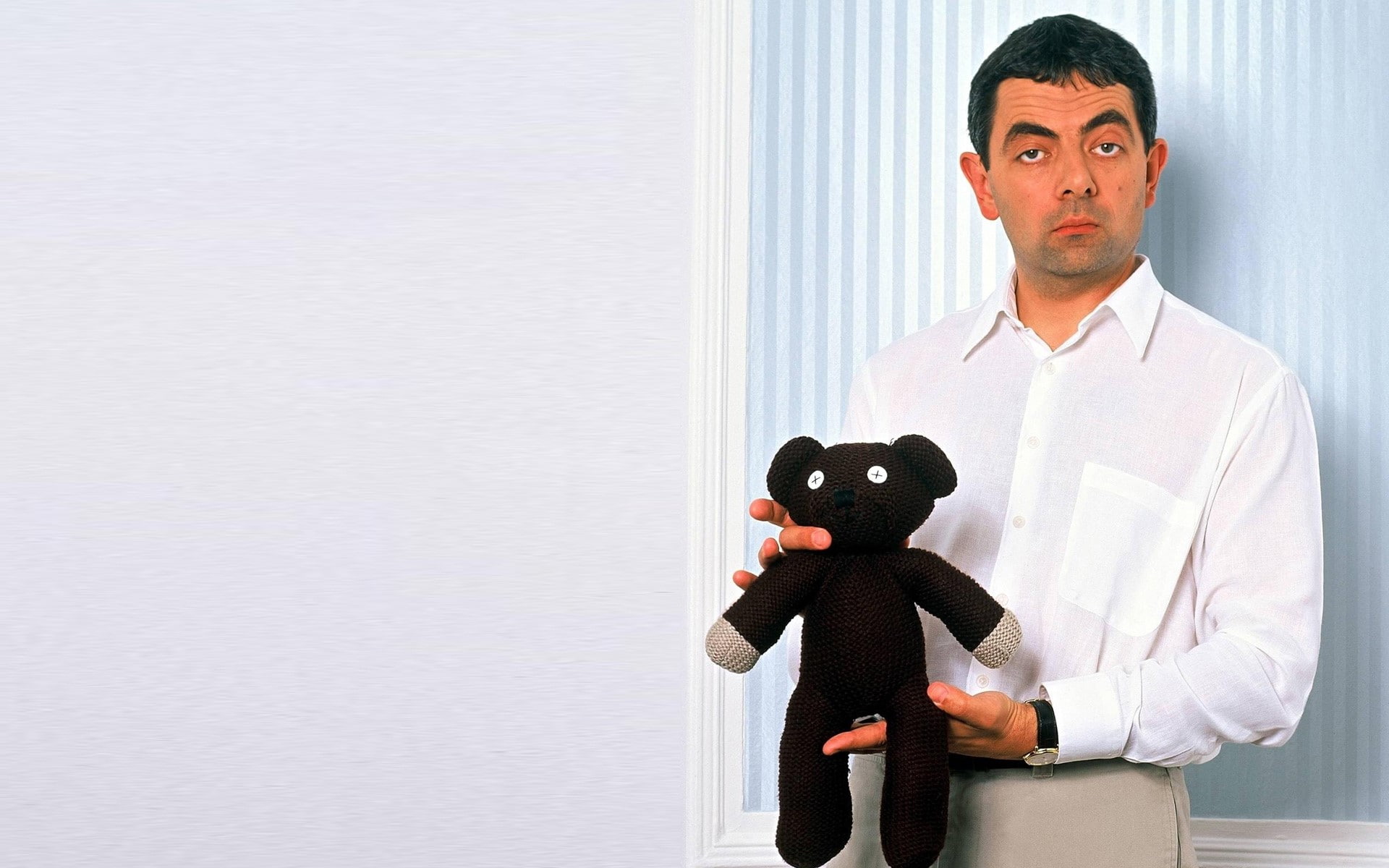 young men, Mr bean, Teddy bear, serious, waist up, standing, Teddy, toy, looking at camera, contemplation, males, looking, front view, occupation, one person, HD Wallpaper