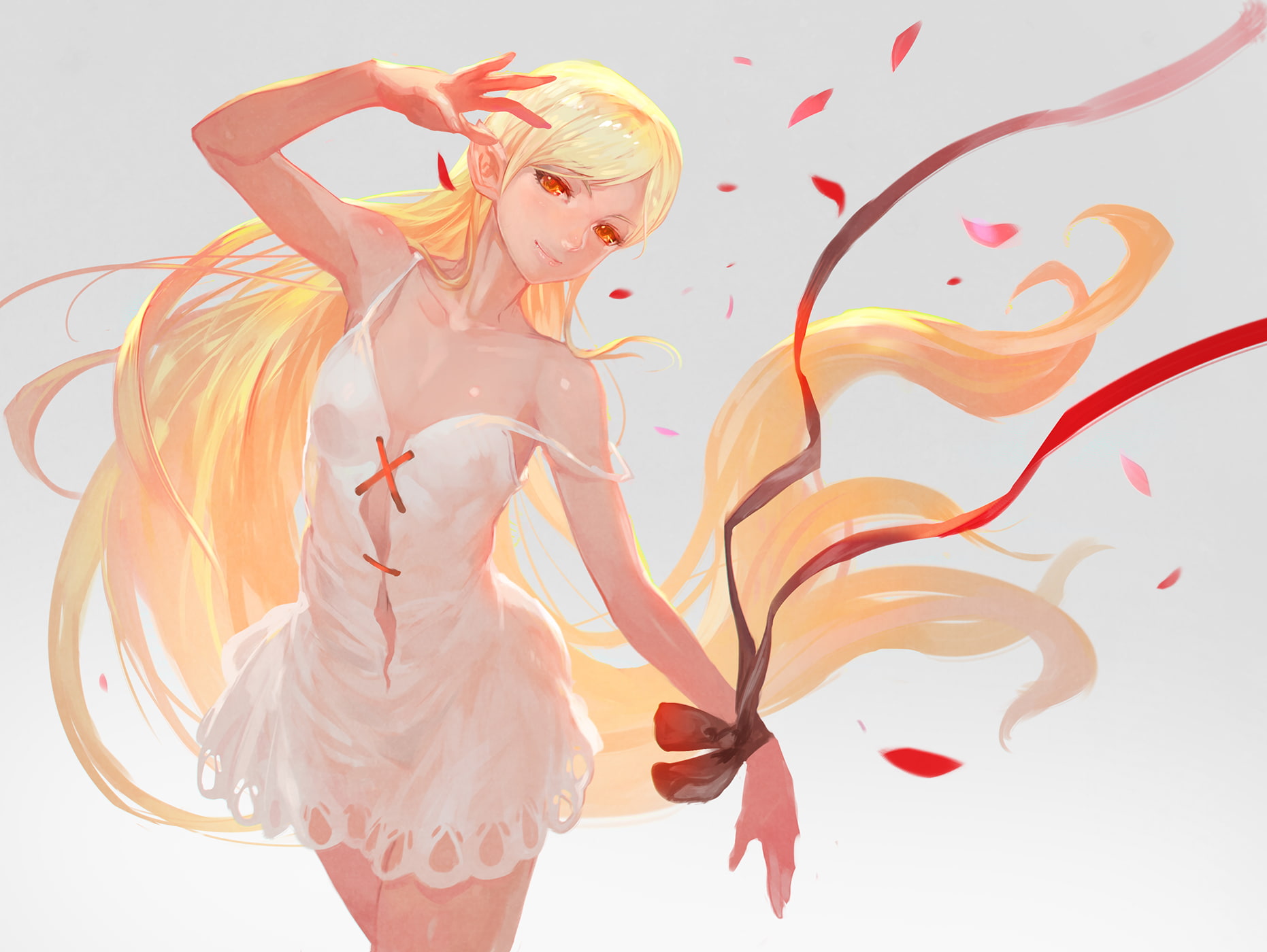 red eyes, fashion, blonde, women, young women, one person, creativity, studio shot, light dress, kizumonogatari, adult, Anime, three quarter length, indoors, HD Wallpaper