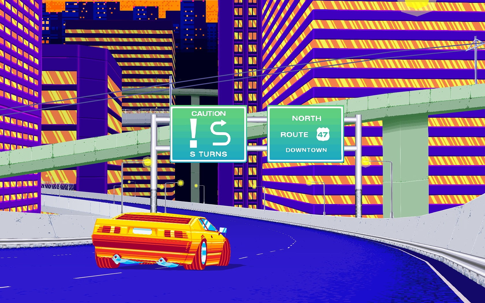 Drift Stage, communication, road, illustration, architecture, container, highway, text, mode of transportation, yellow, retro games, industry, car, motor vehicle, HD Wallpaper
