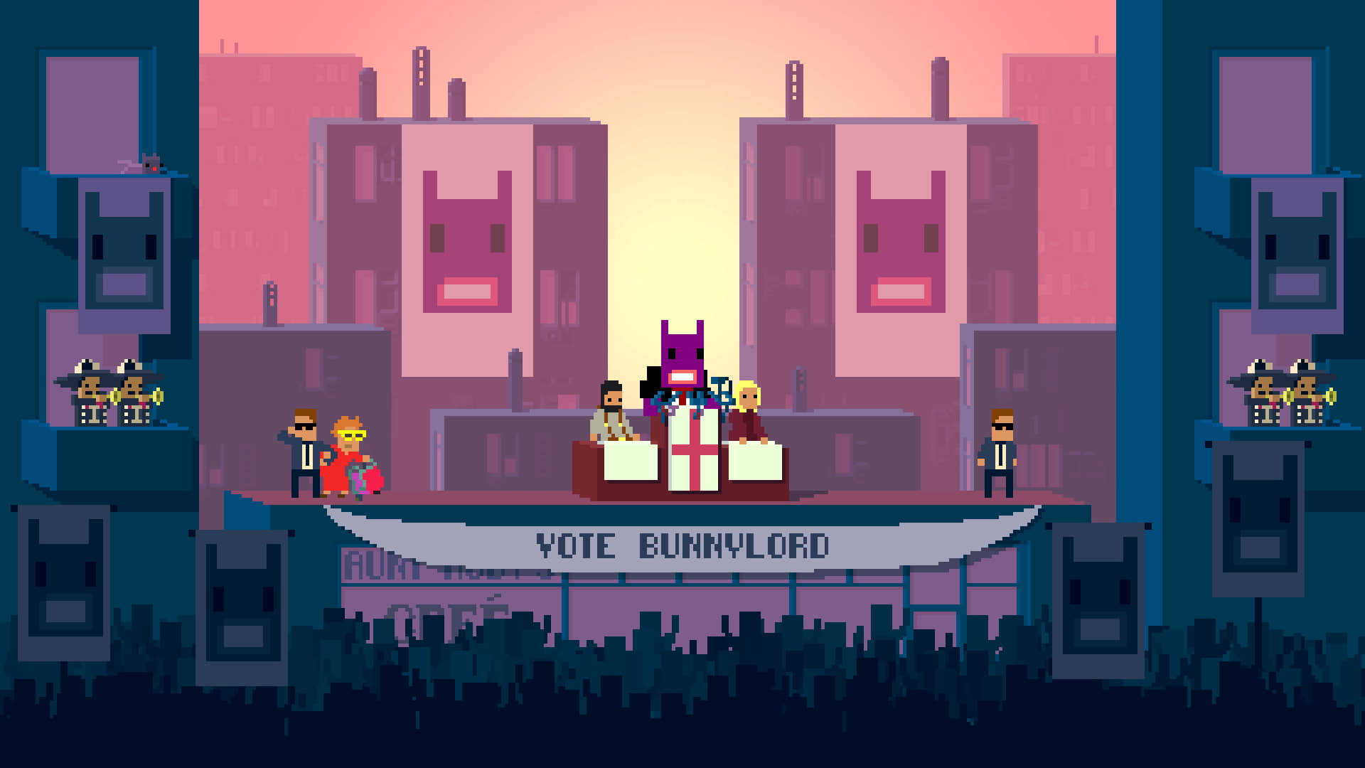 men, architecture, city, building exterior, Not A Hero, sky, real people, built structure, 8-bit, western script, pixels, text, building, nature, sunset, HD Wallpaper