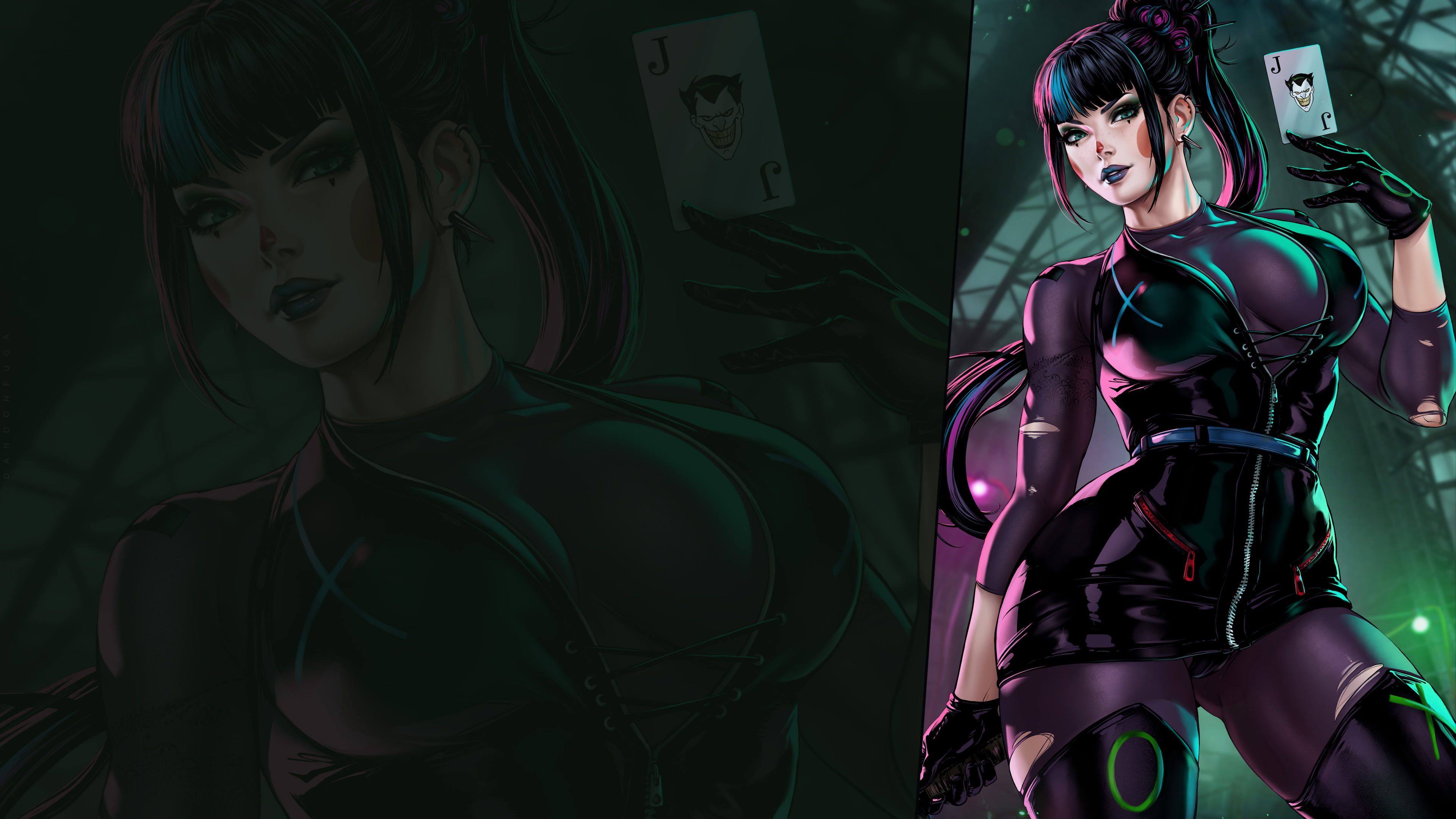 4K, dandon fuga, DC Comics, Punchline, green eyes, looking at viewer, Joker, HD Wallpaper