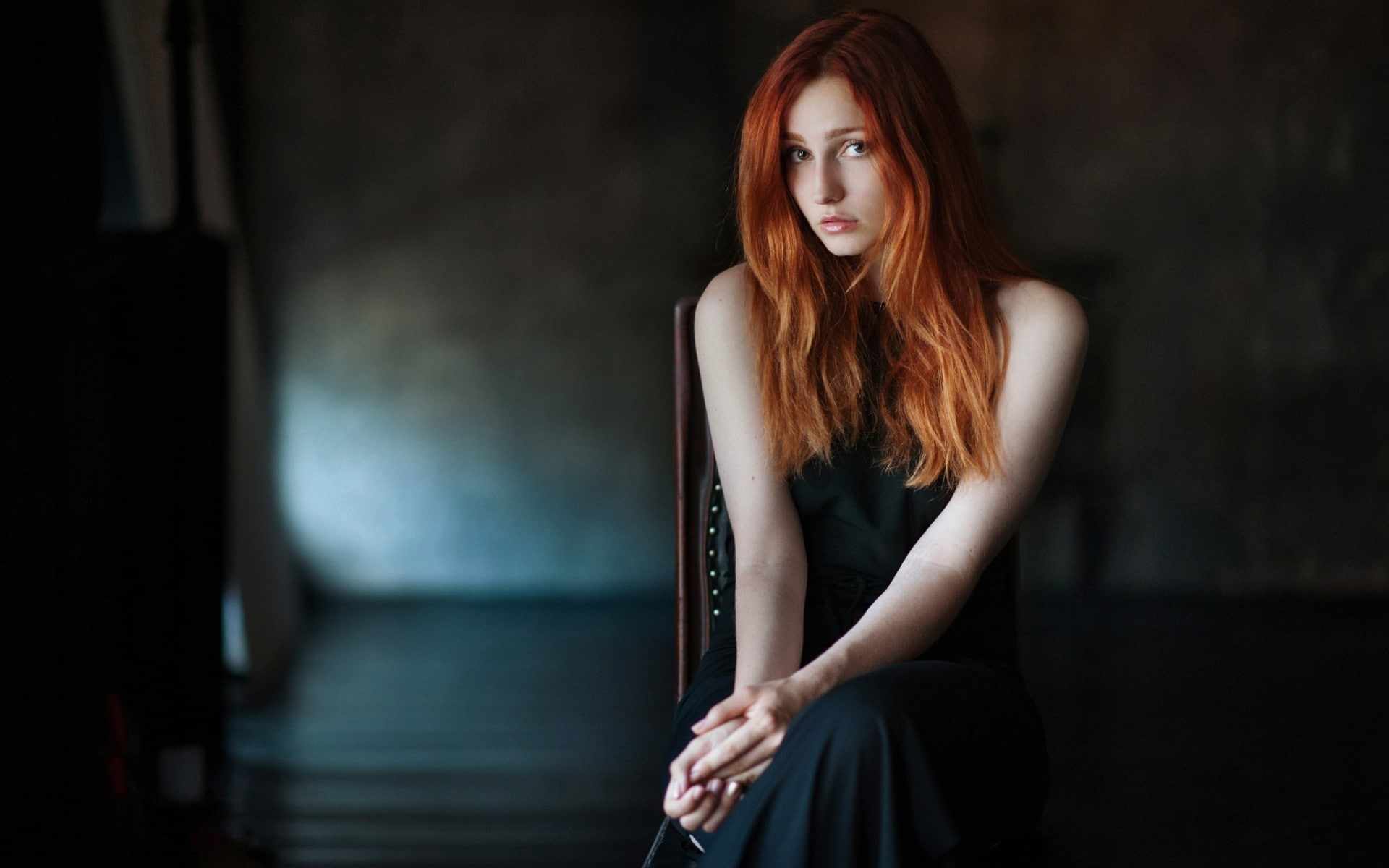 depth of field, beautiful woman, indoors, front view, model, young women, 1080P, adult, redhead, black dress, hair, dyed red hair, Vladislava Masko, looking at viewer, HD Wallpaper