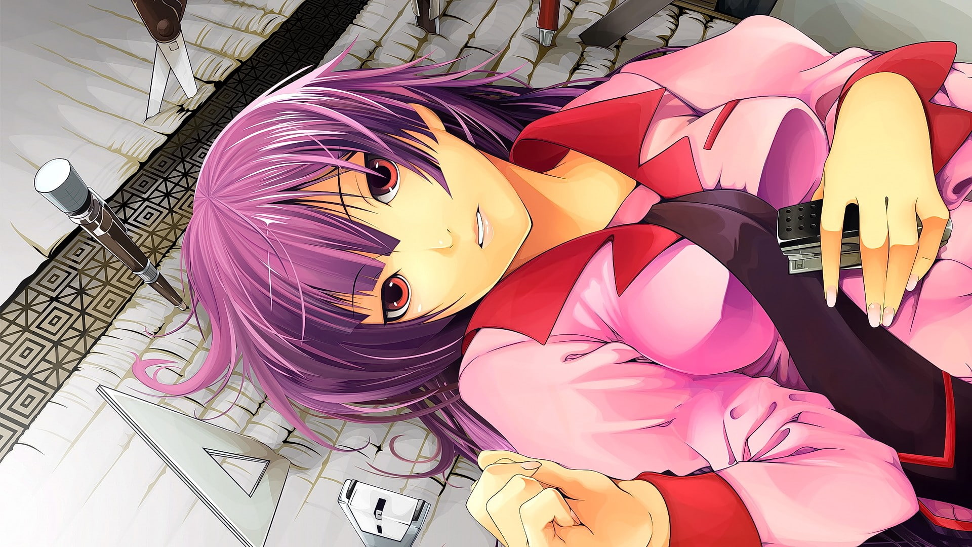 high angle view, pink color, art and craft, human representation, indoors, red eyes, no people, multi colored, Monogatari Series, purple, day, nature, fashion, HD Wallpaper