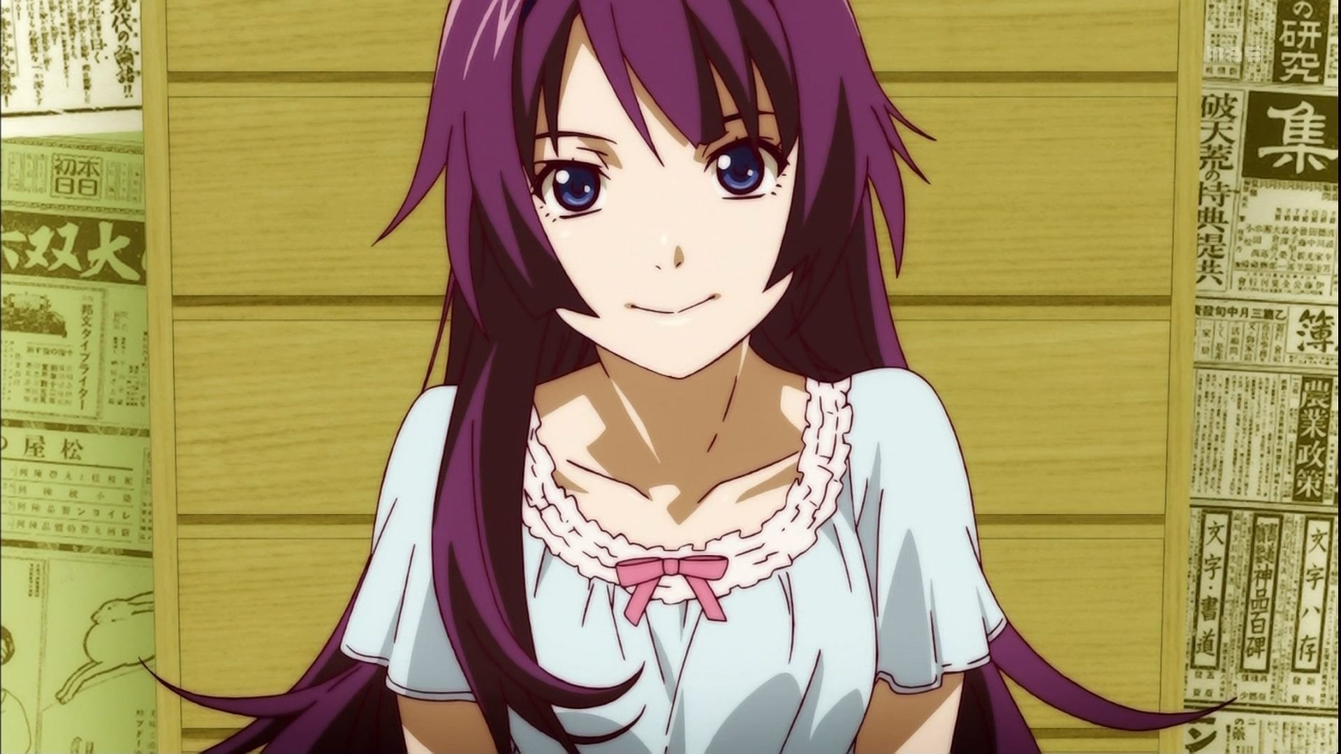 purple hair, hairstyle, real people, white skin, script, standing, blue eyes, Senjougahara Hitagi, lifestyles, representation, leisure activity, built structure, HD Wallpaper