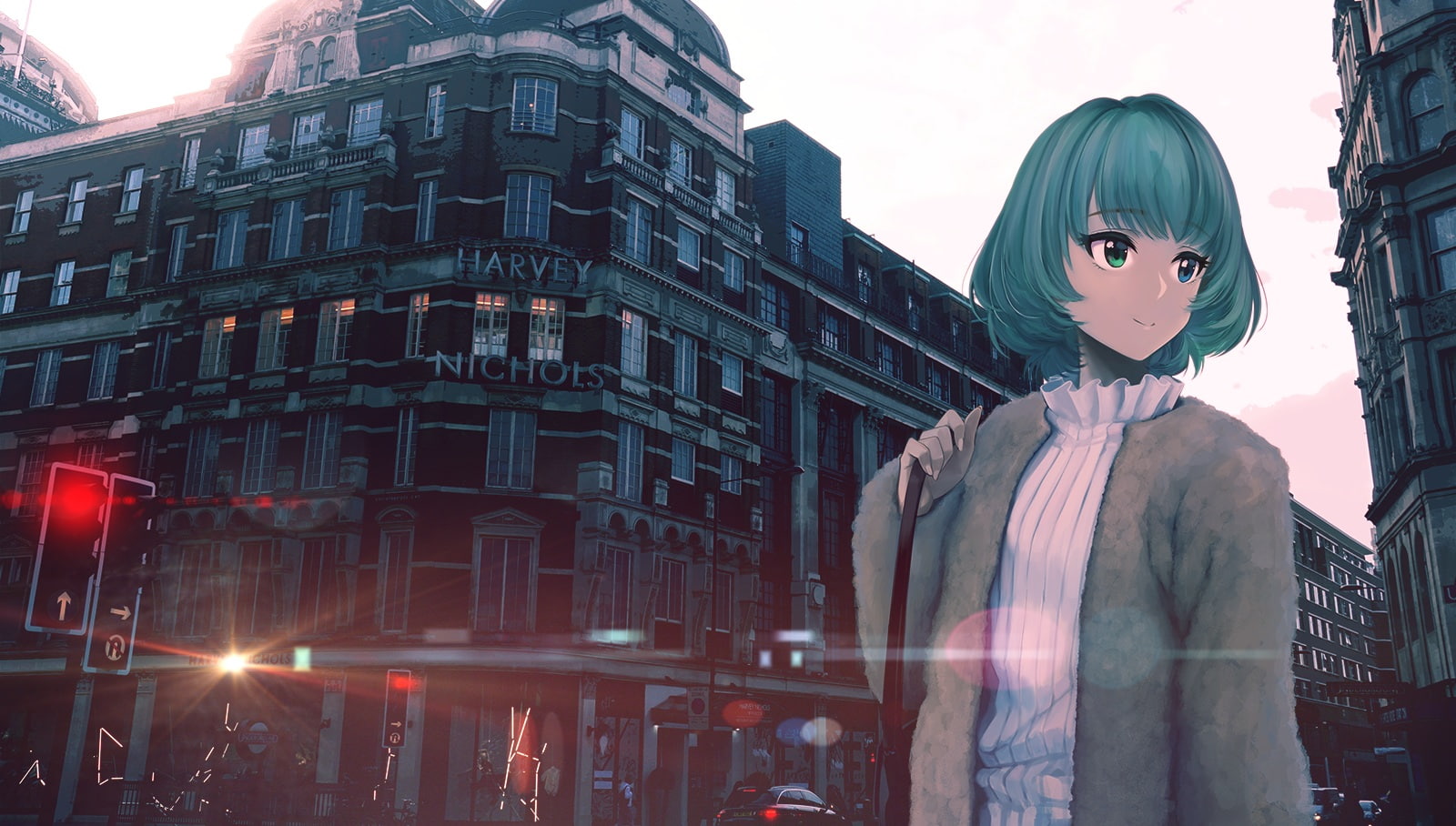 girls, scenic, car, idolmaster, kaede, green, com, hair, eyes, 256359, bicolored, short, city, infinote, konachan, building, cinderella, 720P, takagaki, HD Wallpaper