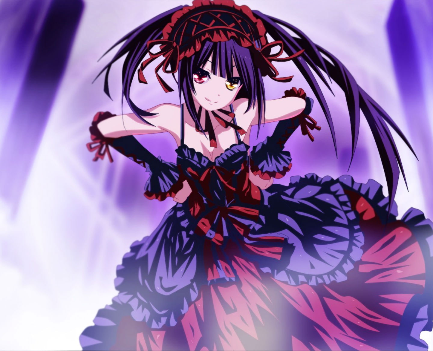 kurumi, live, bicolored, red, yellow, eyes, date, 720P, purple, cleavage, tokisaki, hair, dress, gothic, headdress, HD Wallpaper