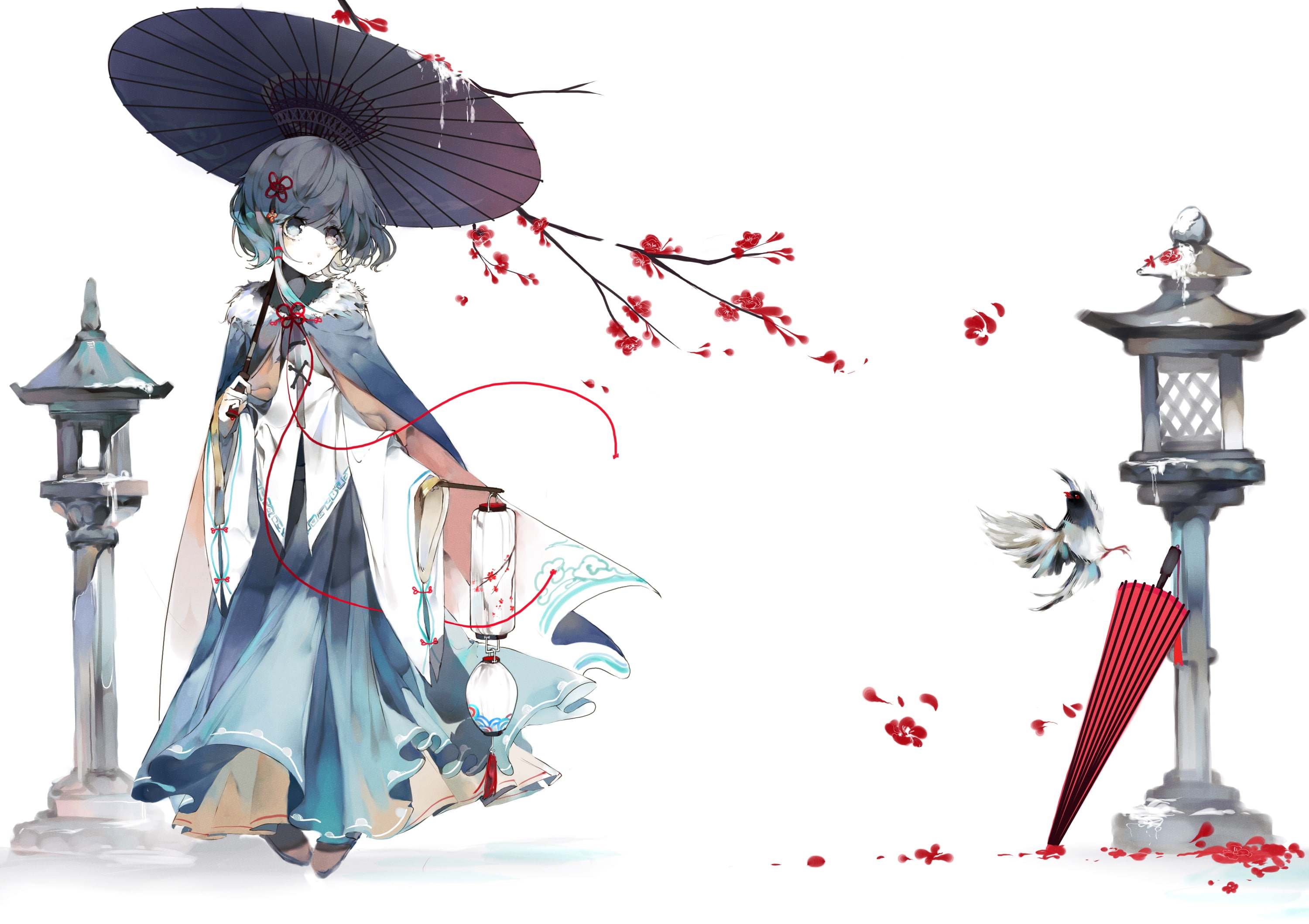 ribbons, animal, com, gray, 2K, polychromatic, white, tree, winter, konachan, (artist), hair, flowers, short, umbrella, kogasa, 260939, eyes, tagme, bicolored, HD Wallpaper