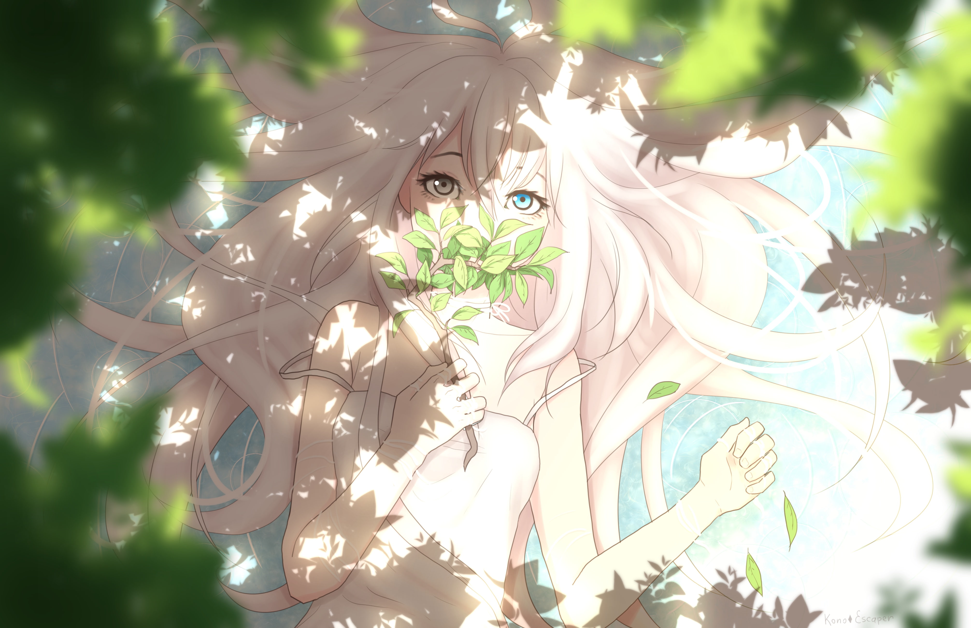 konoescaper, konachan, 251657, summer, dress, leaves, hair, 4K, blonde, original, eyes, com, close, bicolored, long, HD Wallpaper