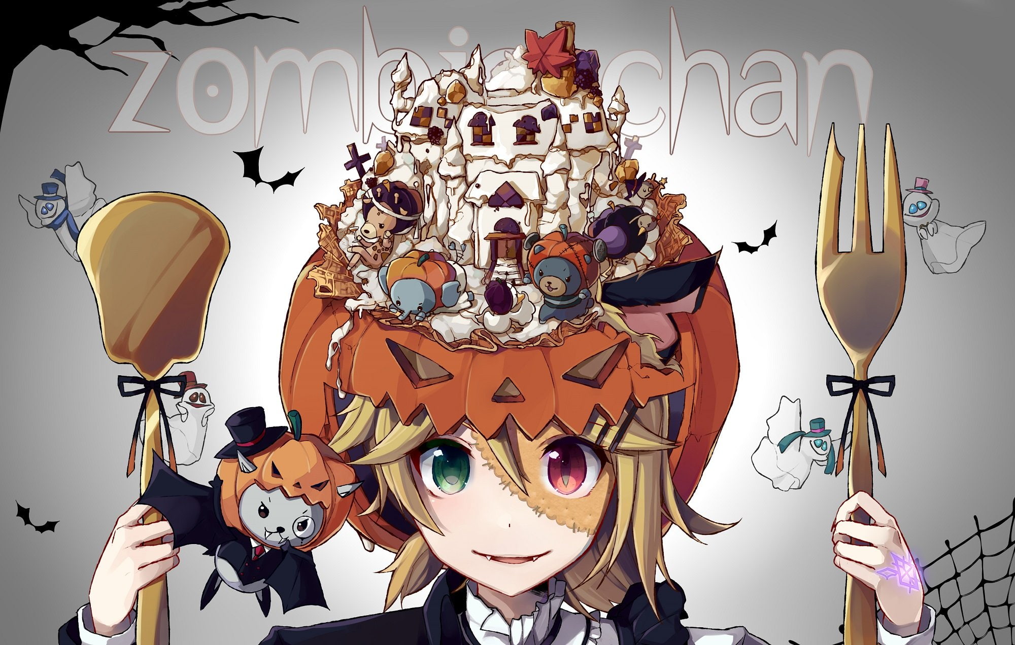 headdress, short, nou, pumpkin, bat, hair, blonde, animal, bow, 1080P, vocaloid, eyes, len, fang, bicolored, kagamine, halloween, rin, HD Wallpaper