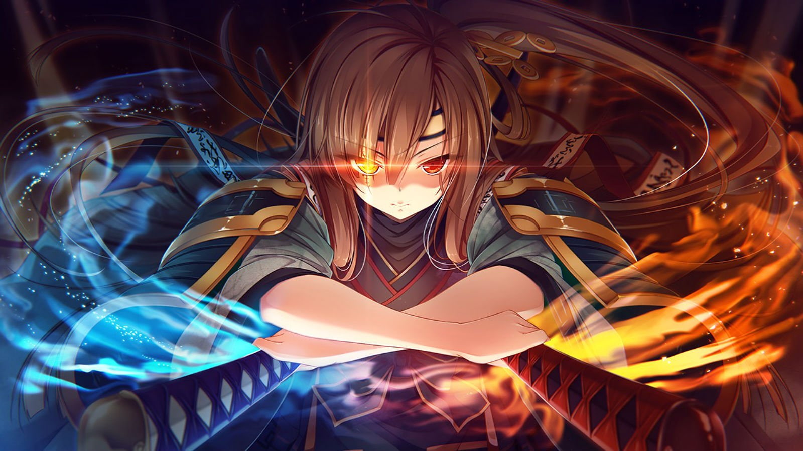 long, katana, hair, magic, eyes, exercitus, sword, ponytail, bicolored, izumo, weapon, kokusan, shita, tou, brown, asakura, game, moyashi, rozea, 720P, HD Wallpaper