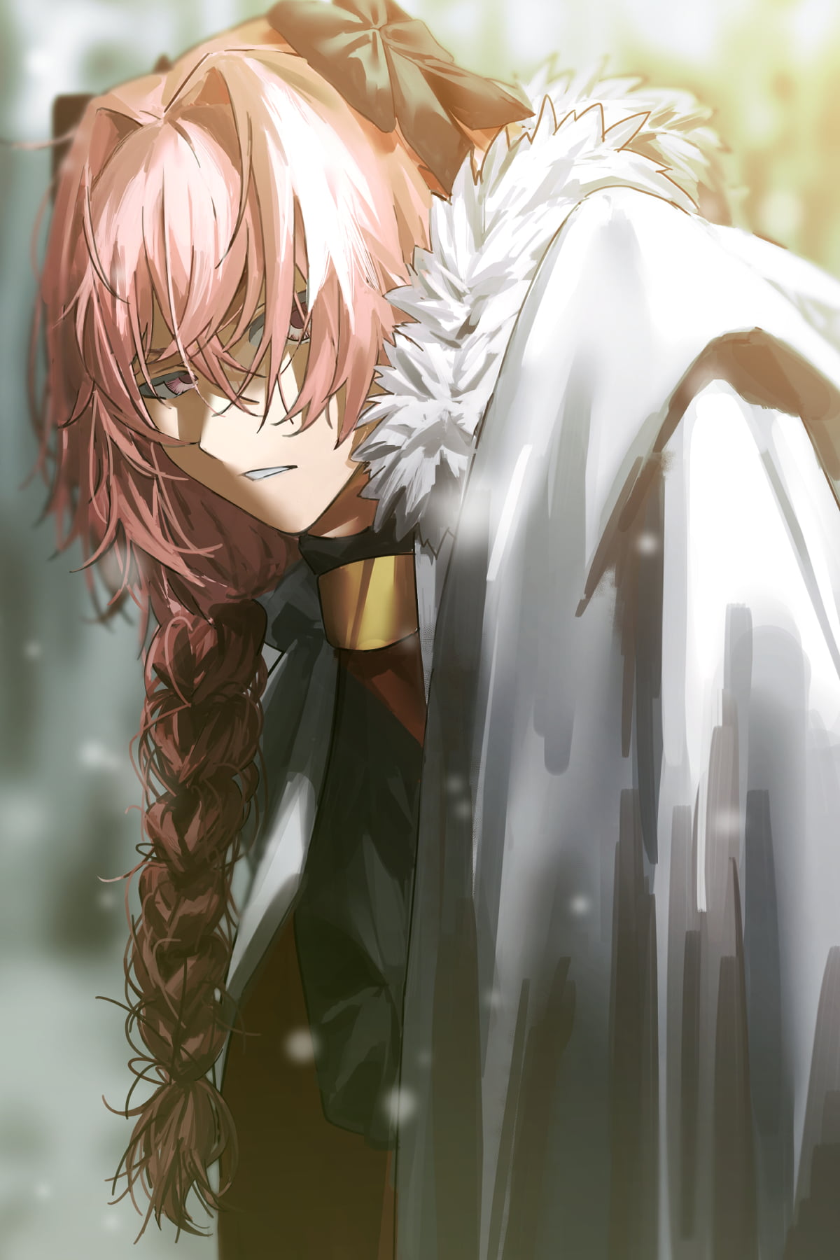 bicolored hair, pink hair, hair in face, looking at viewer, long hair, french braid, Astolfo (Fate/Apocrypha), cape, solo, 720P, head tilt, artwork, 2D, Phone HD Wallpaper