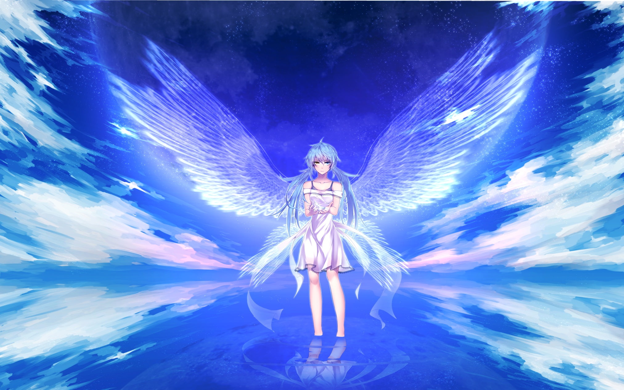 angel, clouds, miku, water, dress, twintails, blue, 1080P, bicolored, aqua, hair, takka, wings, eyes, sky, vocaloid, hatsune, HD Wallpaper