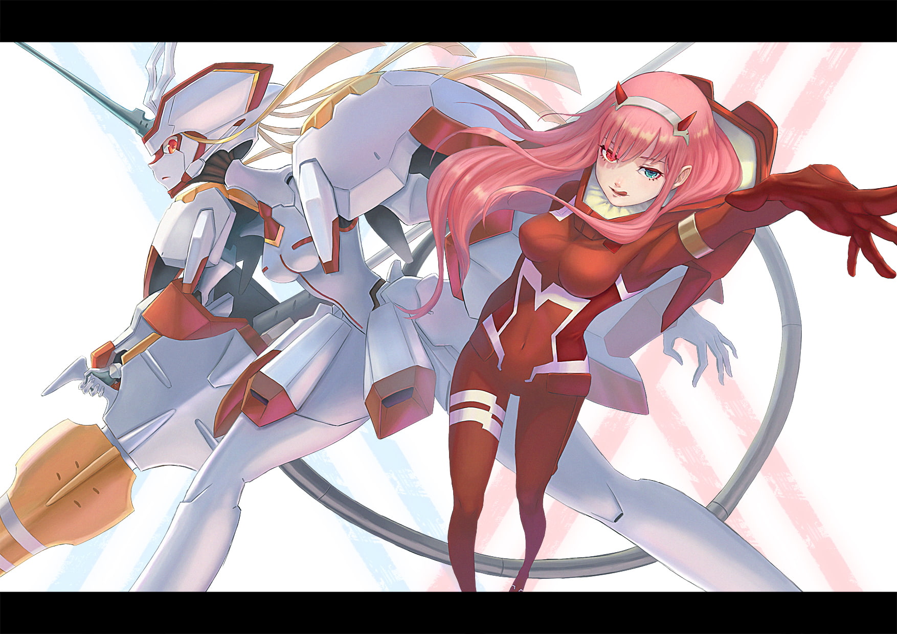 720P, com, tagme, (artist), bicolored, long, green, eyes, orange, mecha, the, two, konachan, hair, red, bodysuit, zero, 261225, pink, horns, HD Wallpaper