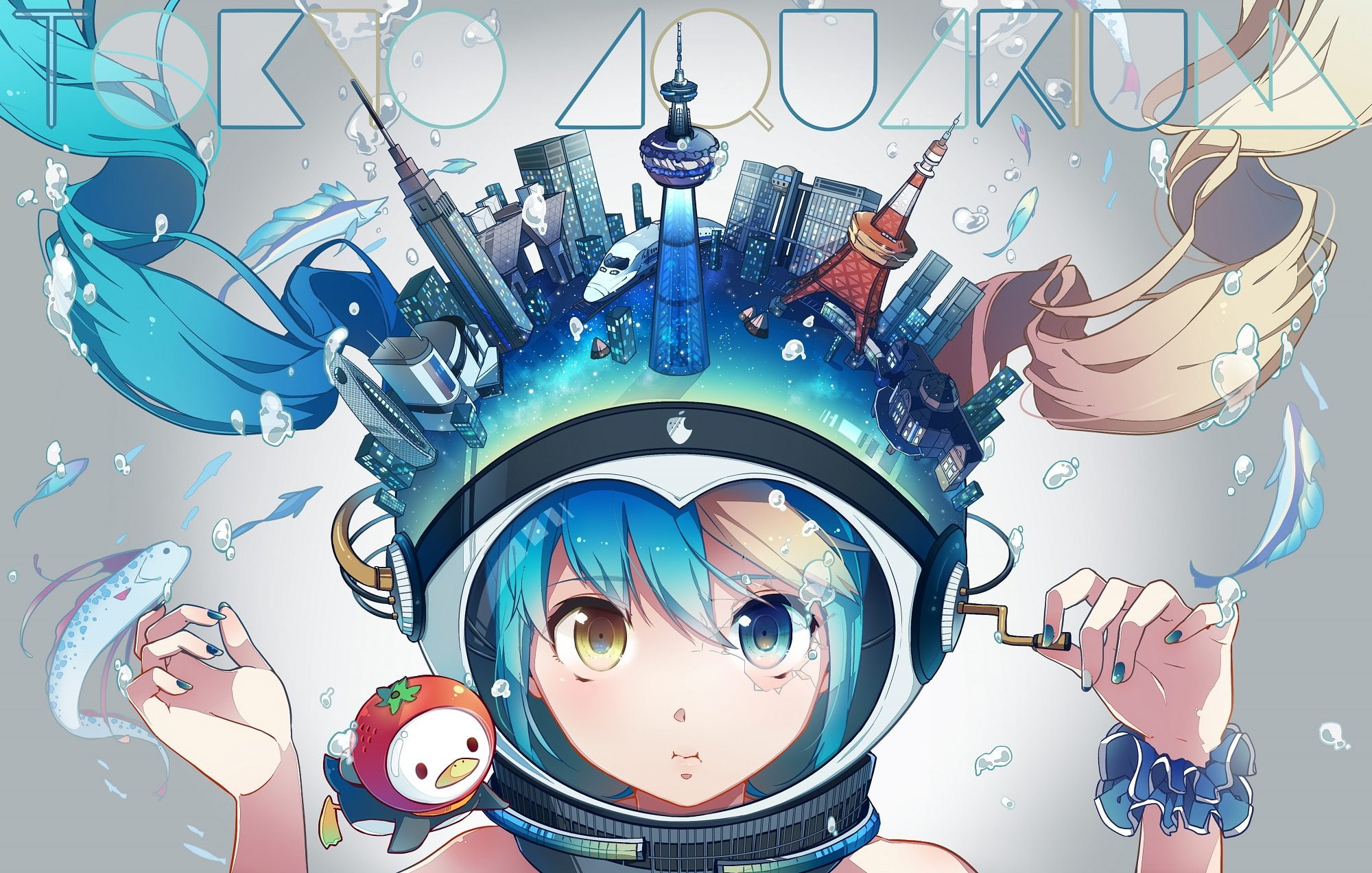 bicolored, 1080P, animal, chibi, twintails, aqua, tagme, miku, vocaloid, hatsune, jpeg, artifacts, fish, nou, eyes, bubbles, city, close, hair, HD Wallpaper