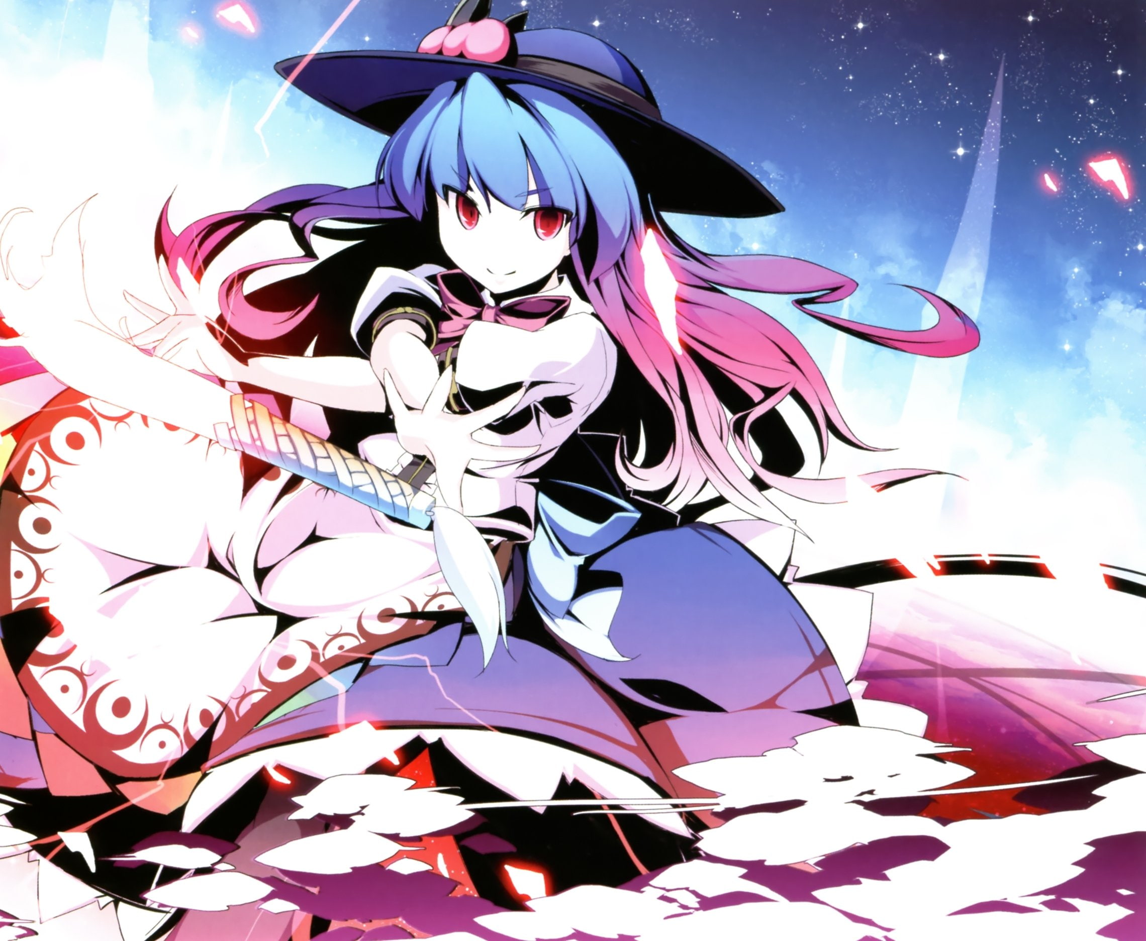 blue, magical, bicolored, 1080P, long, stars, hair, sword, video, hinanawi, games, skyscapes, red, peach, tenshi, weapons, touhou, fruits, vortex, aprons, HD Wallpaper