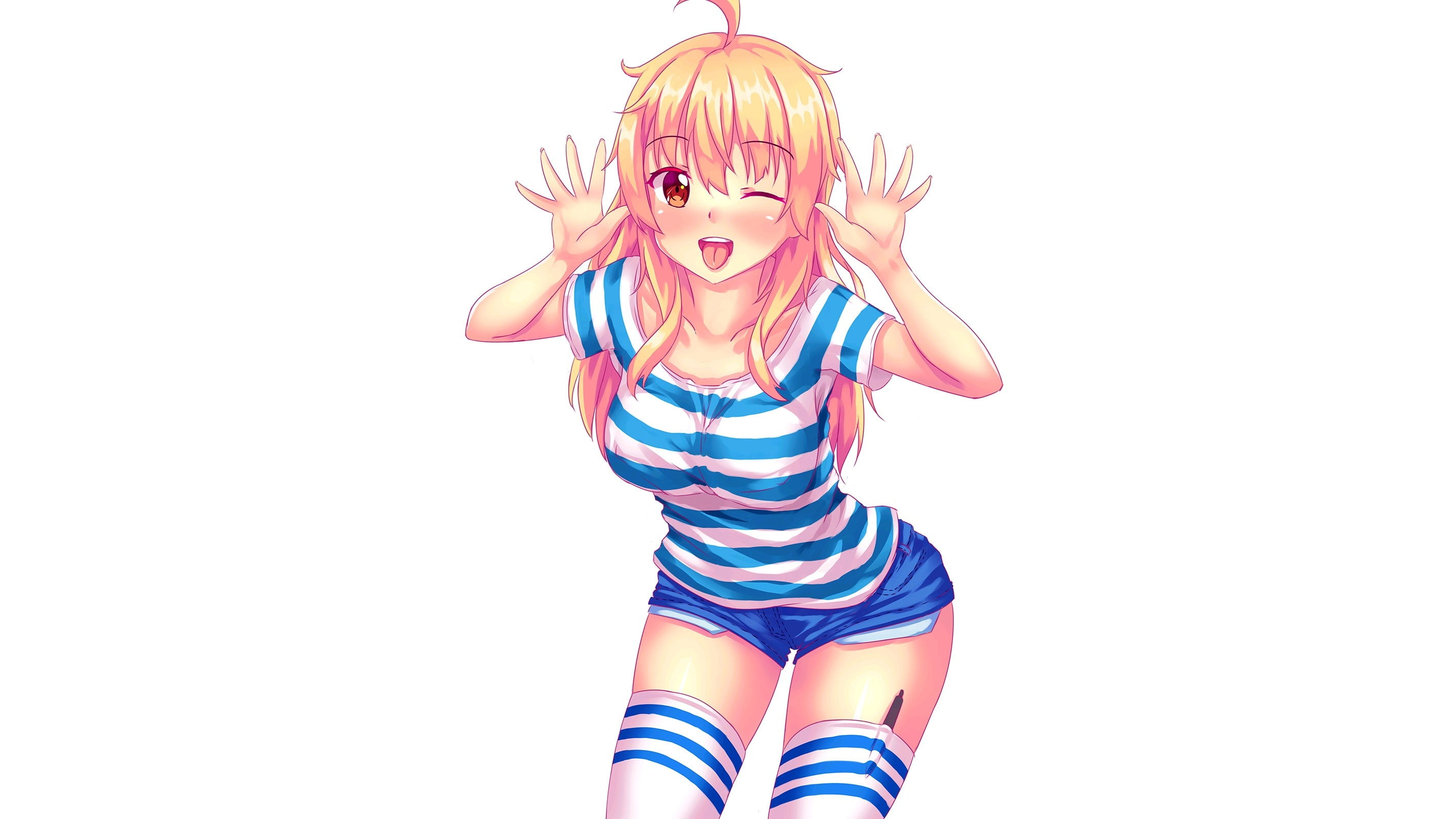 white, wink, original, konachan, long, hair, 236887, thighhighs, erect, tiffy, com, shorts, nipples, 2K, blonde, fast-runner-2024, HD Wallpaper