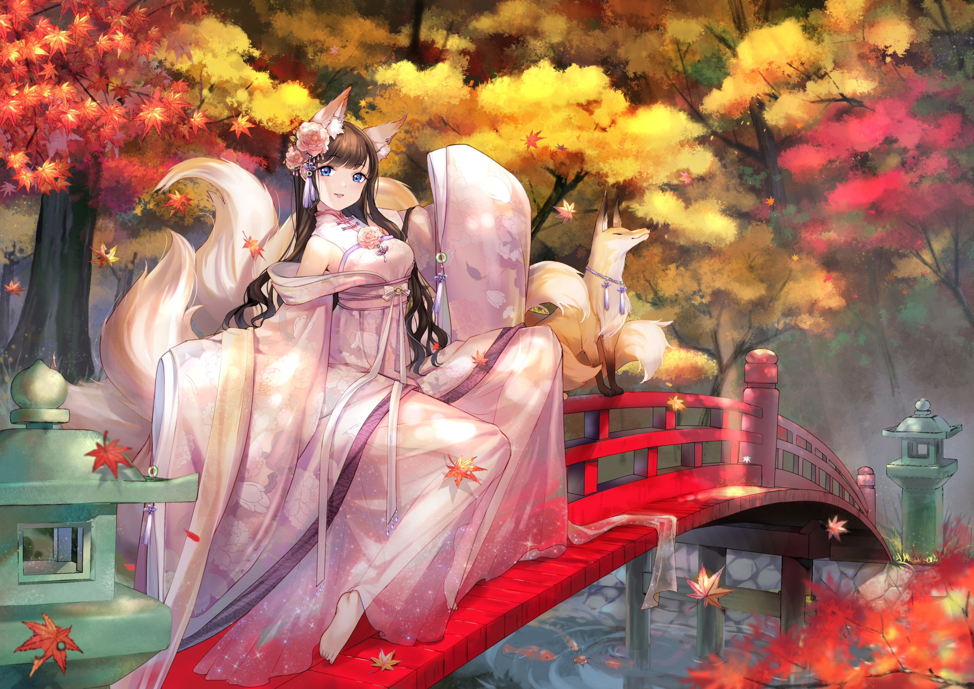 autumn, fox, belief, nature, creativity, statue, no people, male likeness, flowering plant, female likeness, outdoors, place of worship, Anime, anime girl, HD Wallpaper