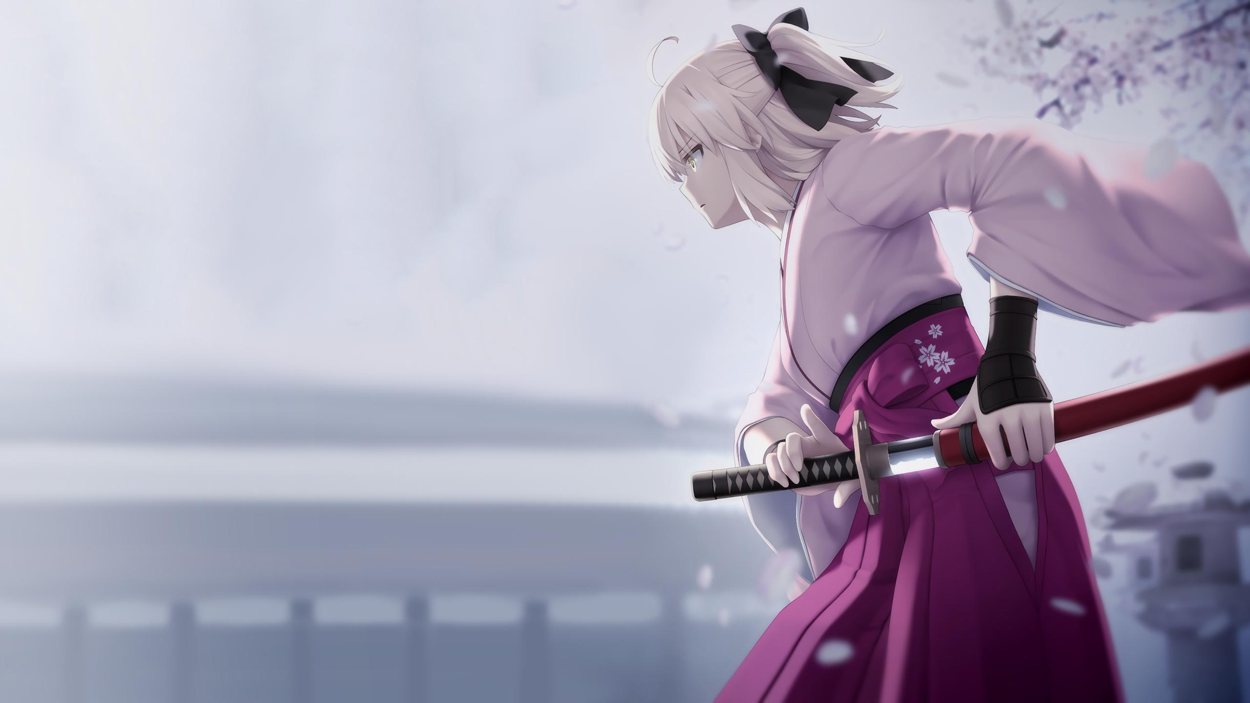 FateGrand Order, short hair, white hair, anime girls, katana, Sakura Saber, yukata, hair ornament, 2K, anime, Fate Series, HD Wallpaper