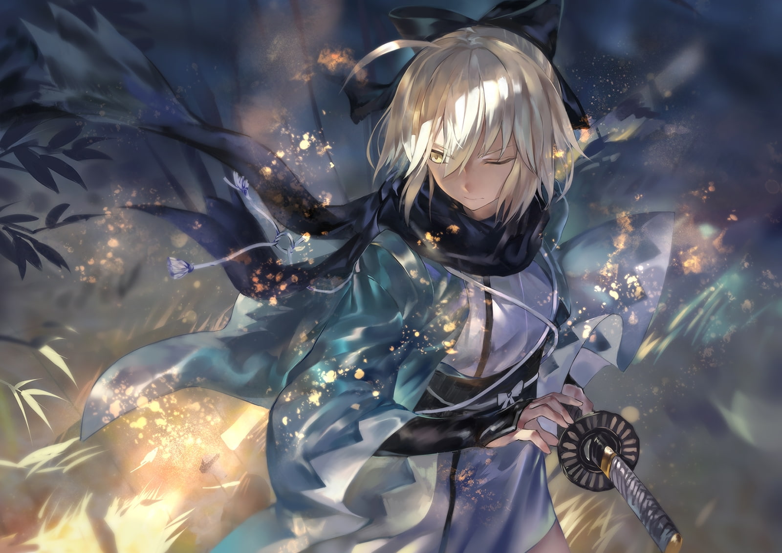 Anime, wind, sea, marine, water, day, one person, black scarf, animal wildlife, blonde, swimming, katana, digital composite, fate series, security, celebration, HD Wallpaper