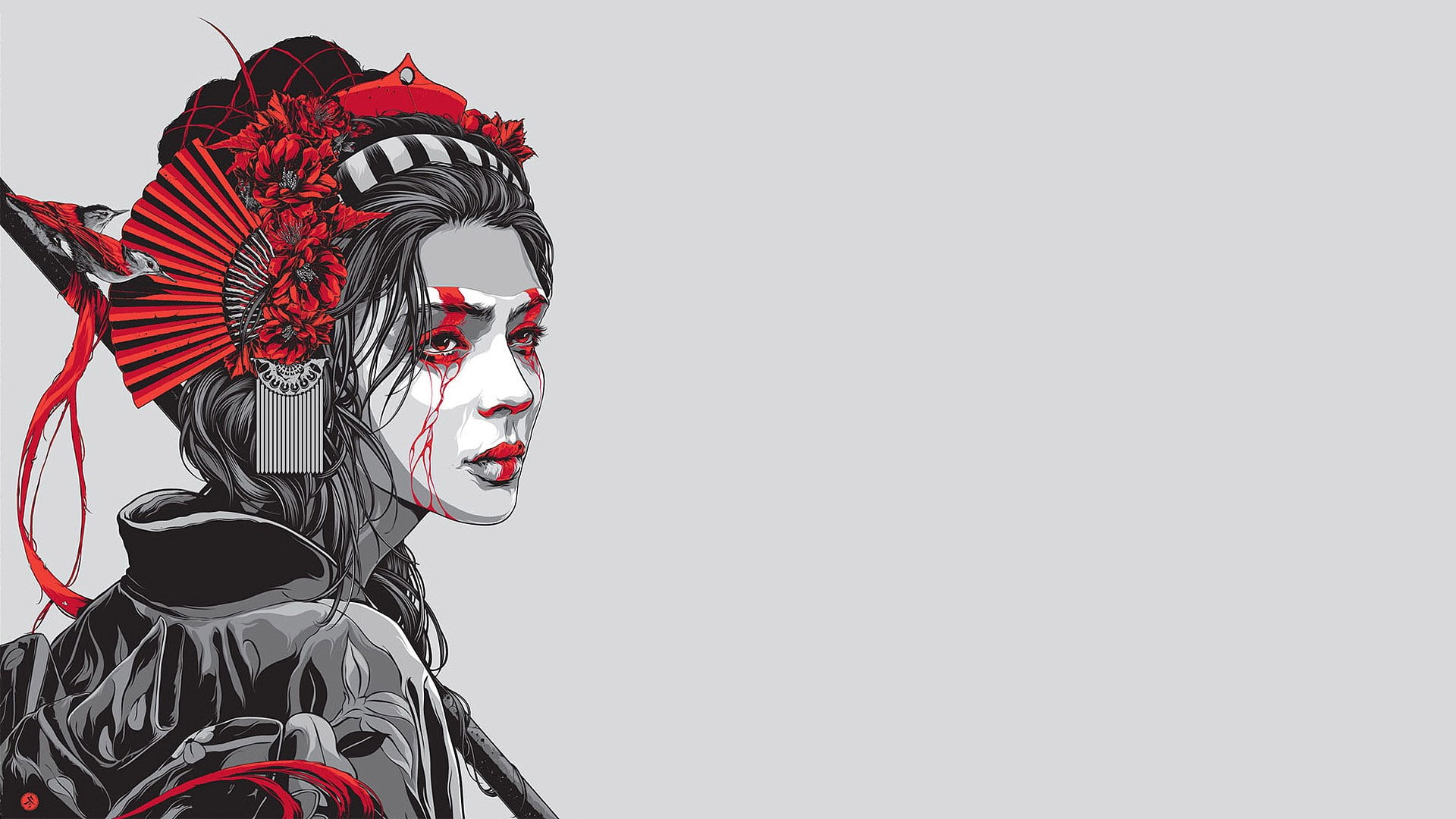 geisha, birds, crying, 1080P, yukata, women, red, monochrome, HD Wallpaper