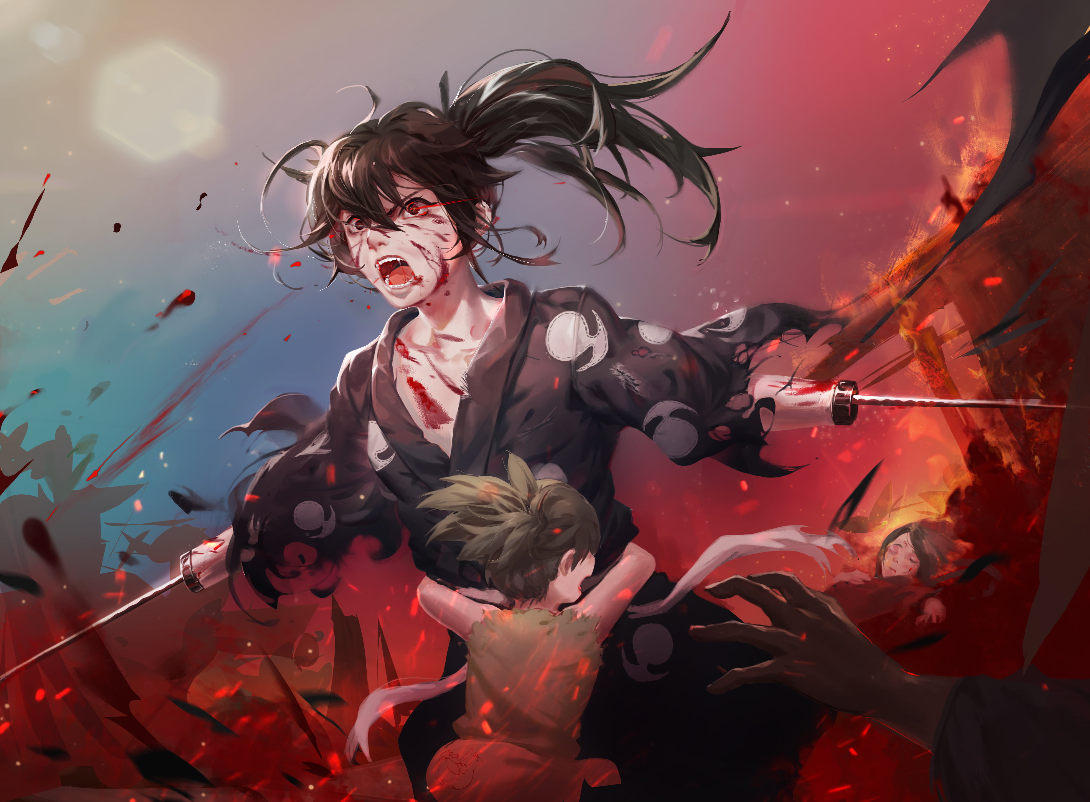 Dororo (Dororo), Hyakkimaru (Dororo), Blood, Anime, 2K, Dororo (Anime), Fire, Weapon, Dororo, Red Eyes, Brown Hair, Black Hair, HD Wallpaper