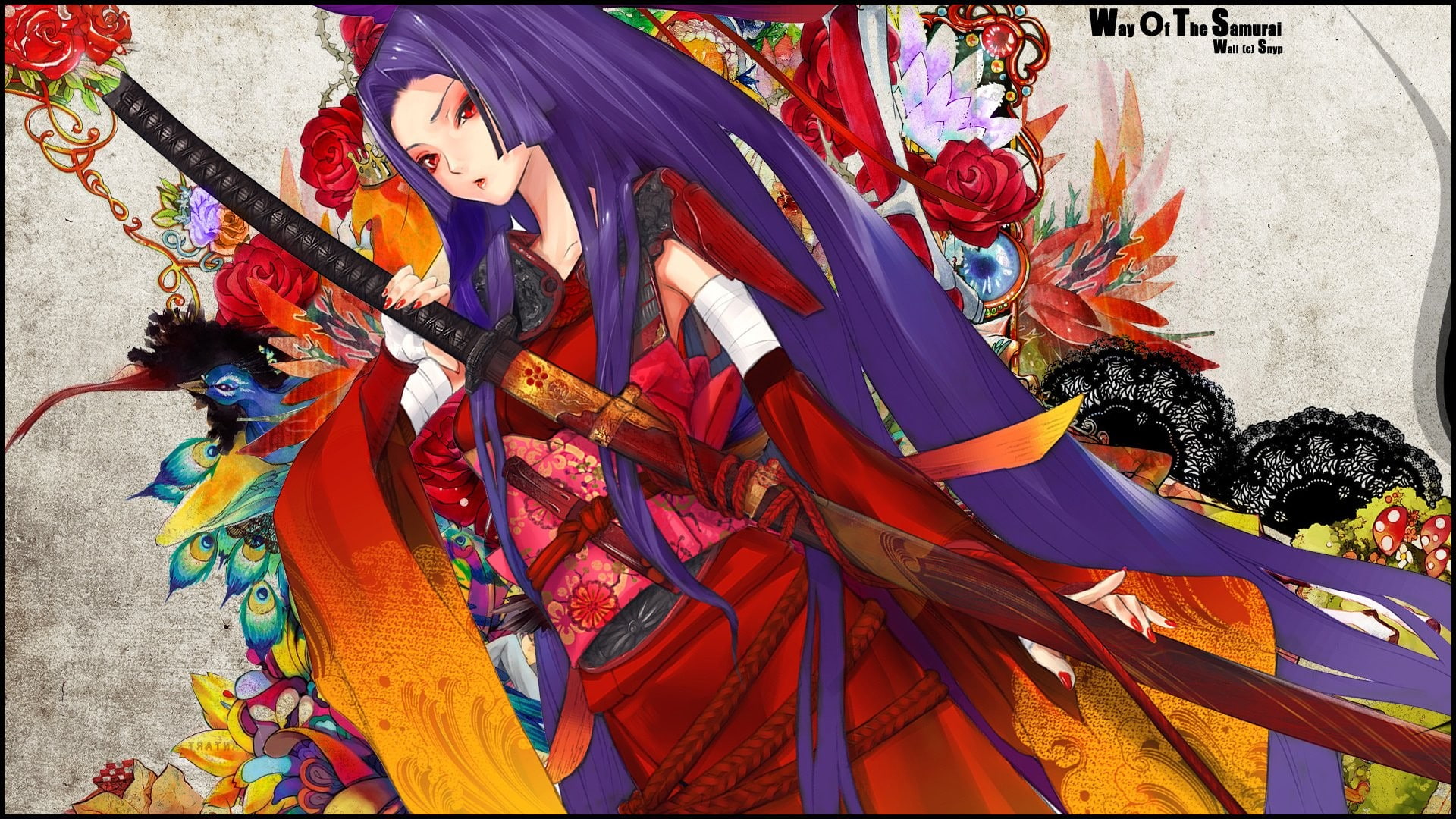 birds, 1080P, painted nails, katana, Redjuice, yukata, purple hair, traditional clothing, colorful, flowers, long hair, anime girls, Snyp, manga, anime, HD Wallpaper