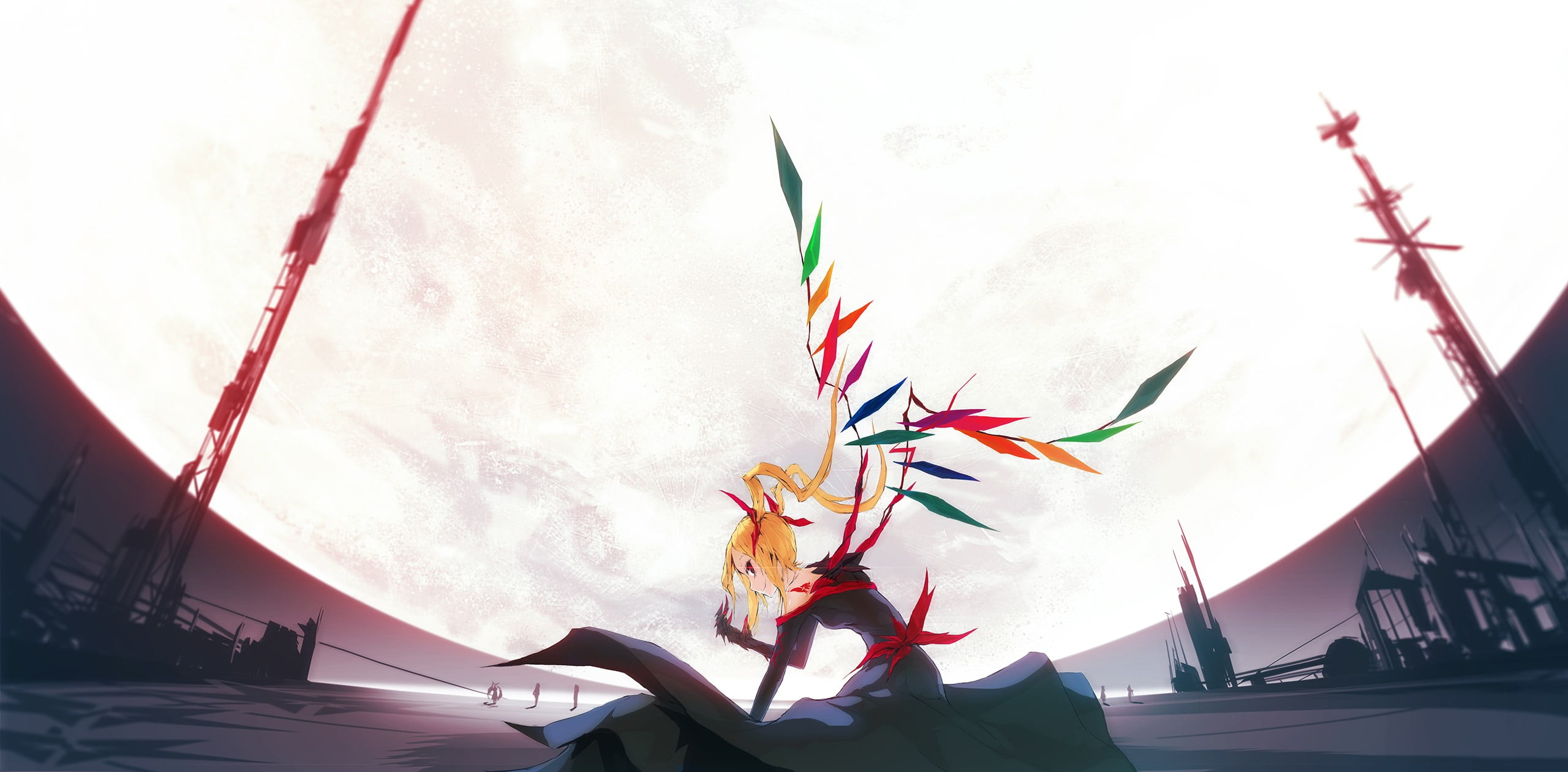 anime, wing, representation, art and craft, one person, red eyes, multi colored, Moon, nature, character, real people, flag, low angle view, Touhou, motion, HD Wallpaper