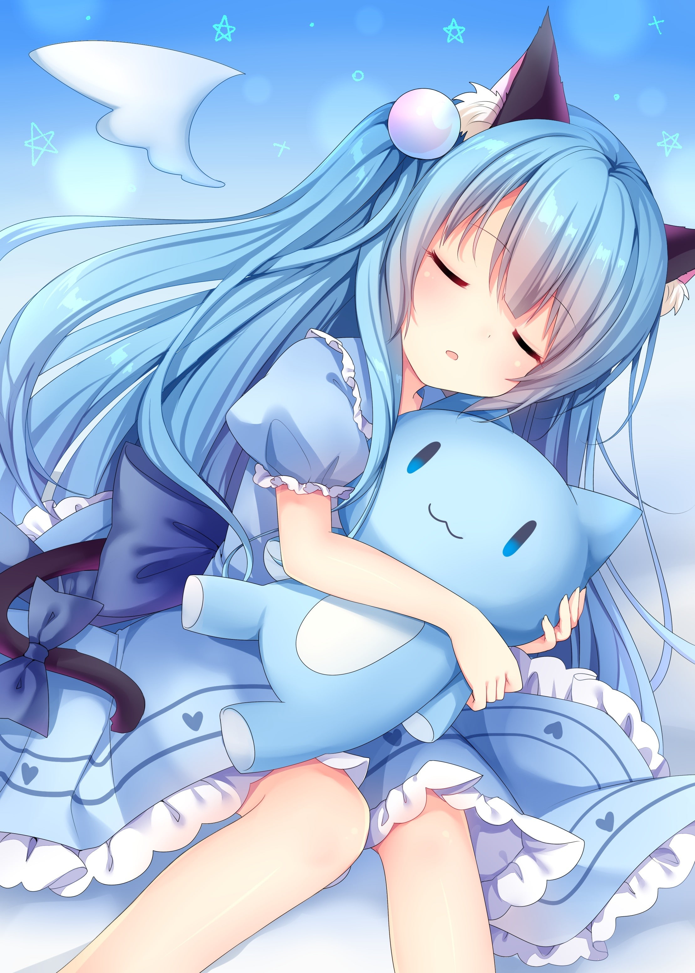 blue, human body part, white color, people, lifestyles, women, anime girls, mammal, adult, females, nekomimi, blue hair, anime, tail, 2K, animal ears, Phone HD Wallpaper