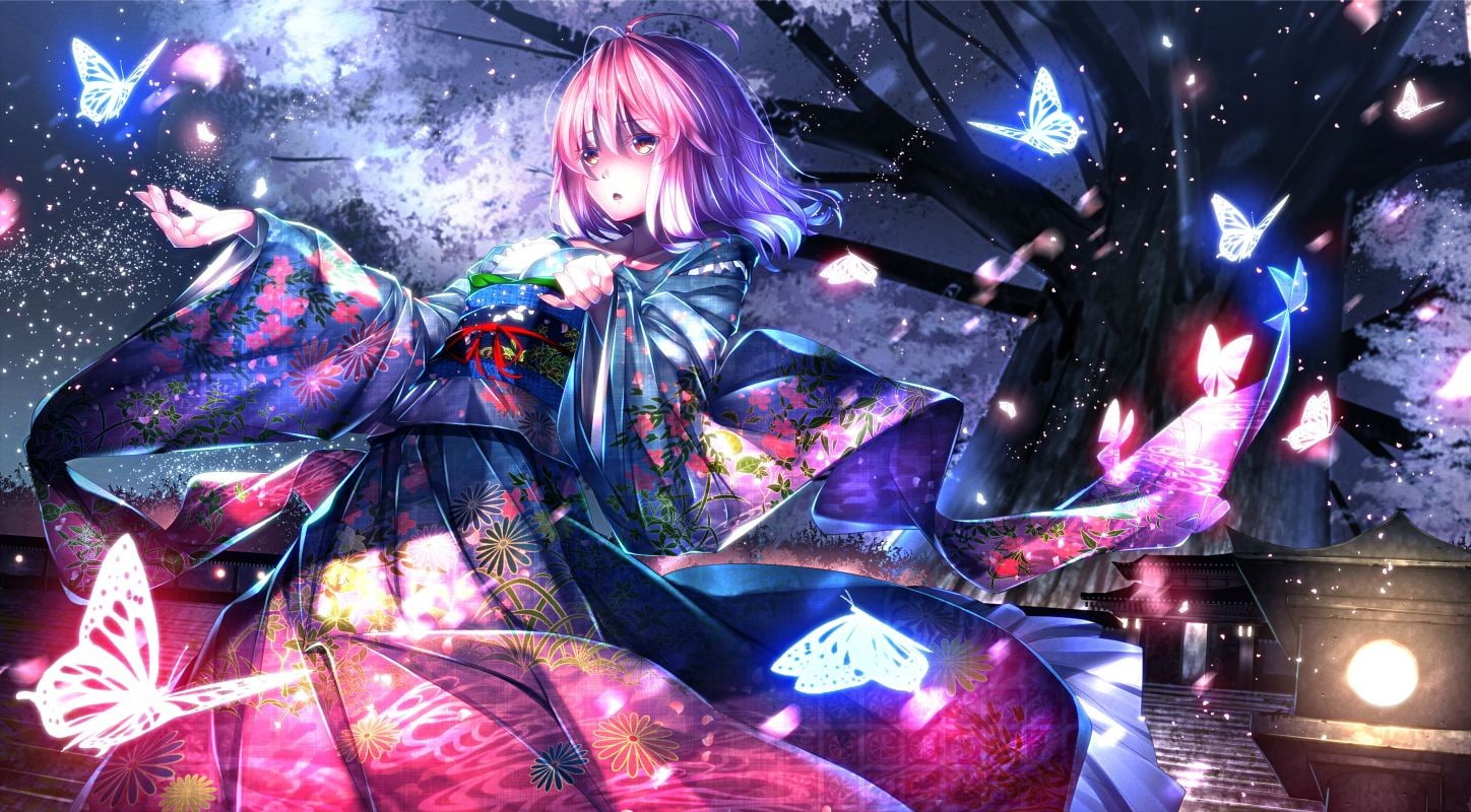 yukata, anime girls, Saigyouji Yuyuko, 720P, butterfly, Touhou, anime, HD Wallpaper