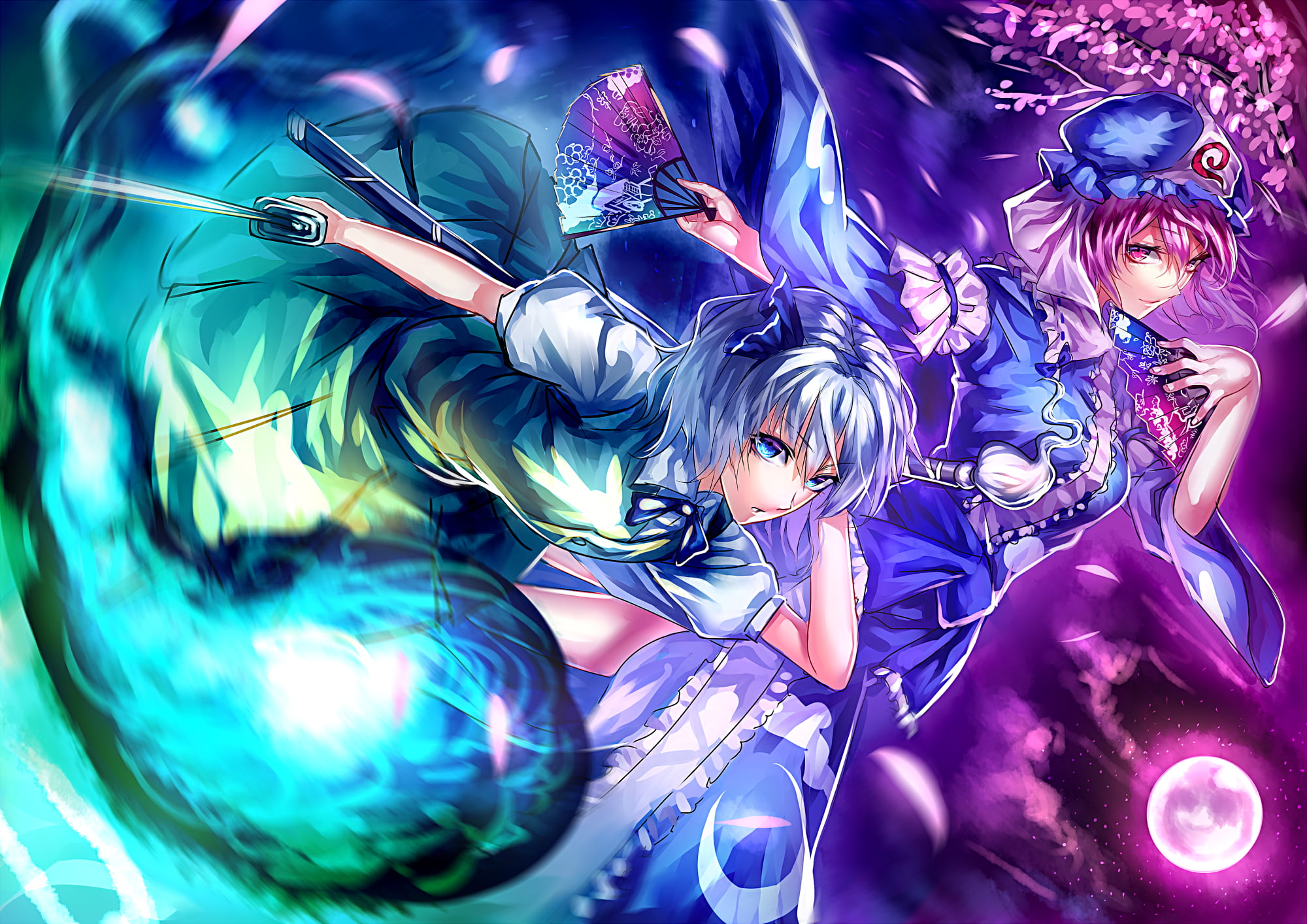 arts culture and entertainment, blue, full frame, 1080P, multi colored, men, people, anime, indoors, anime girls, Touhou, Konpaku Youmu, night, leisure activity, HD Wallpaper