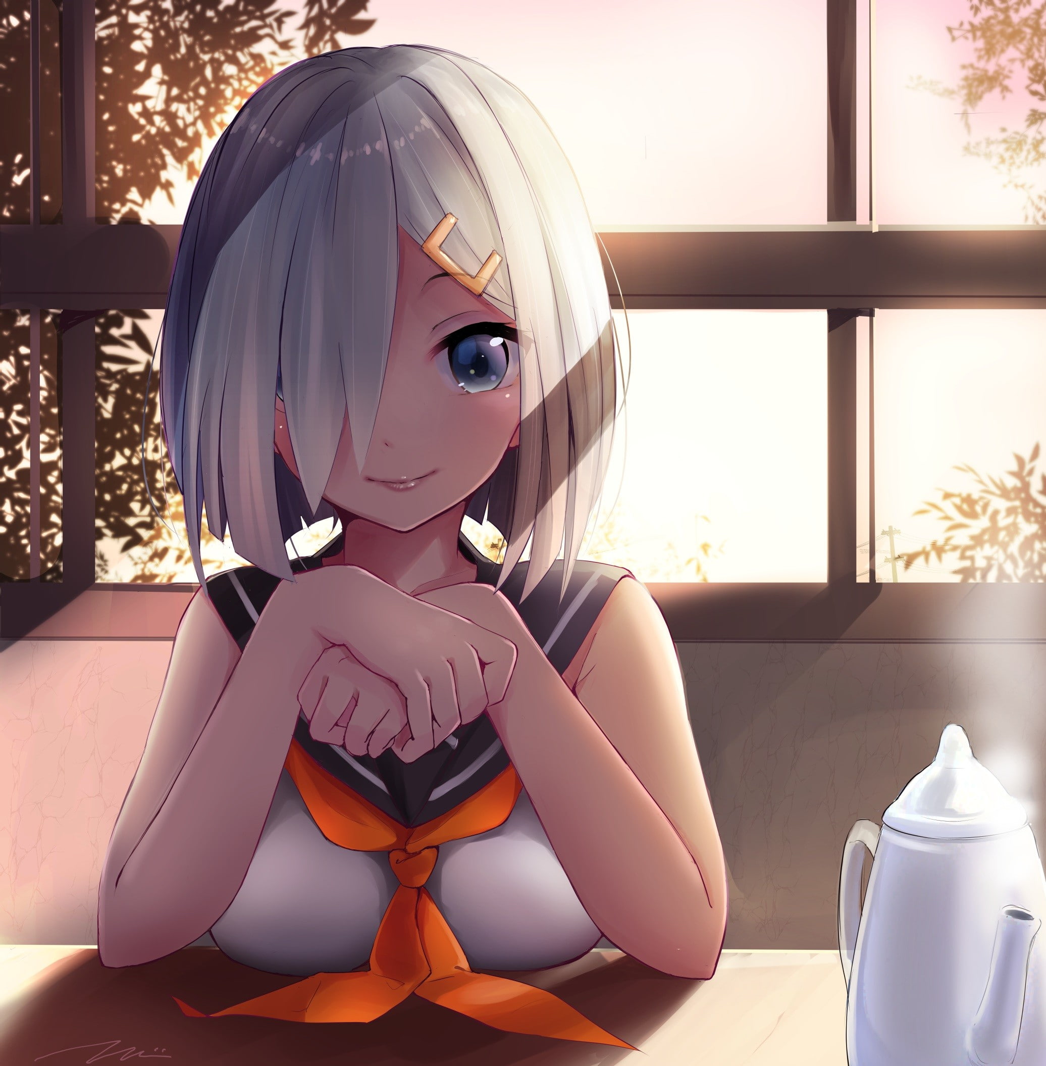 anime girls, blue eyes, Kantai Collection, short hair, anime, 1080P, Hamakaze (KanColle), white hair, Phone HD Wallpaper