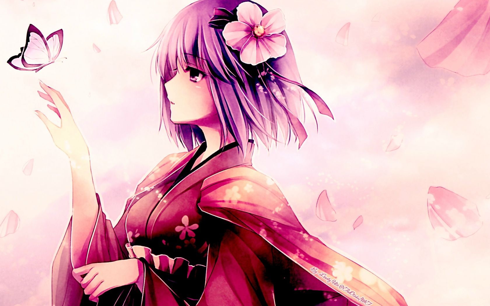 anime girls, butterfly, yukata, Hieda no Akyuu, 720P, pink hair, hair ornament, anime, HD Wallpaper