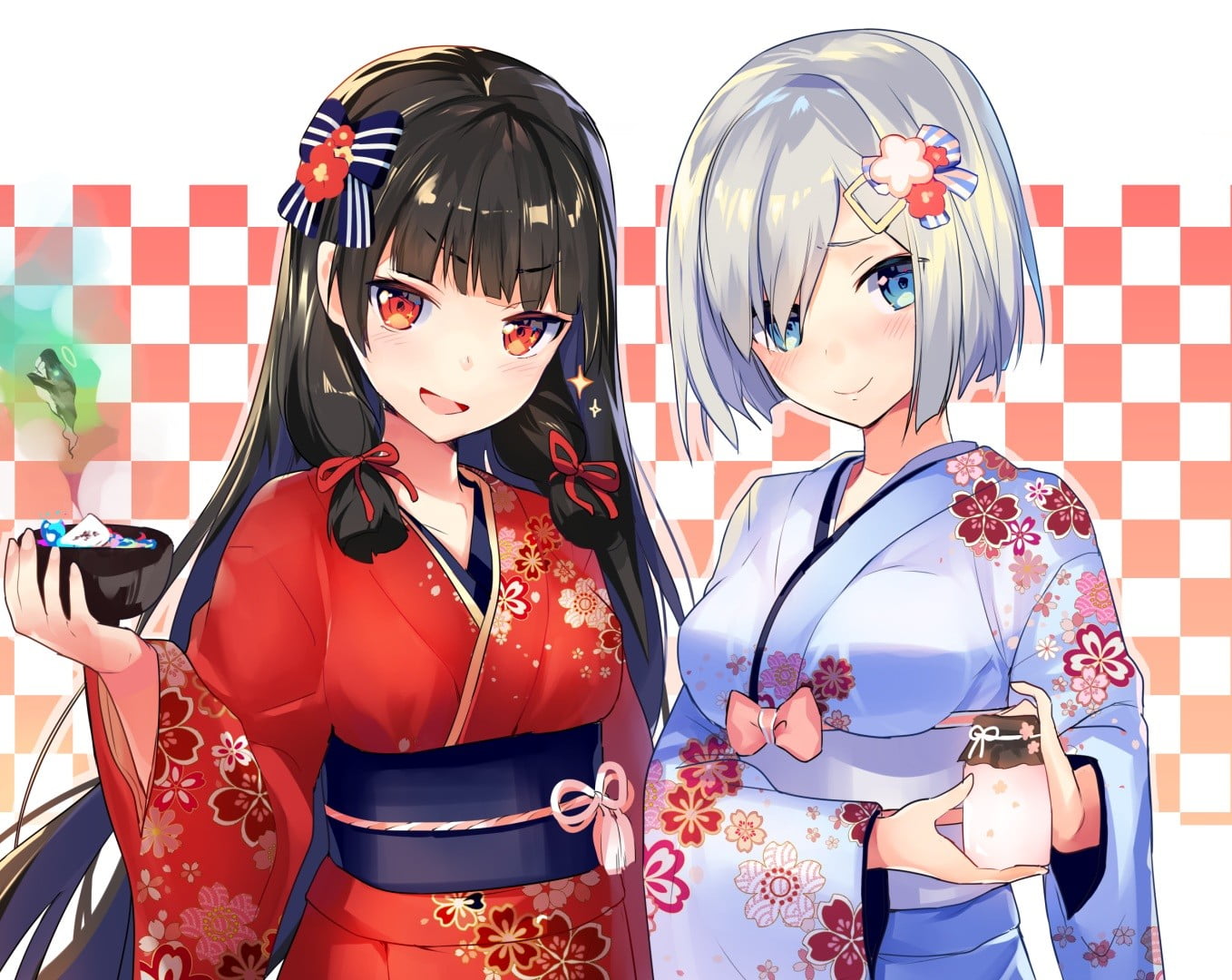 white hair, clothing, Hamakaze (KanColle) , traditional clothing, beautiful woman, two people, real people, 720P, lifestyles, ribbon, yukata, fashion, HD Wallpaper