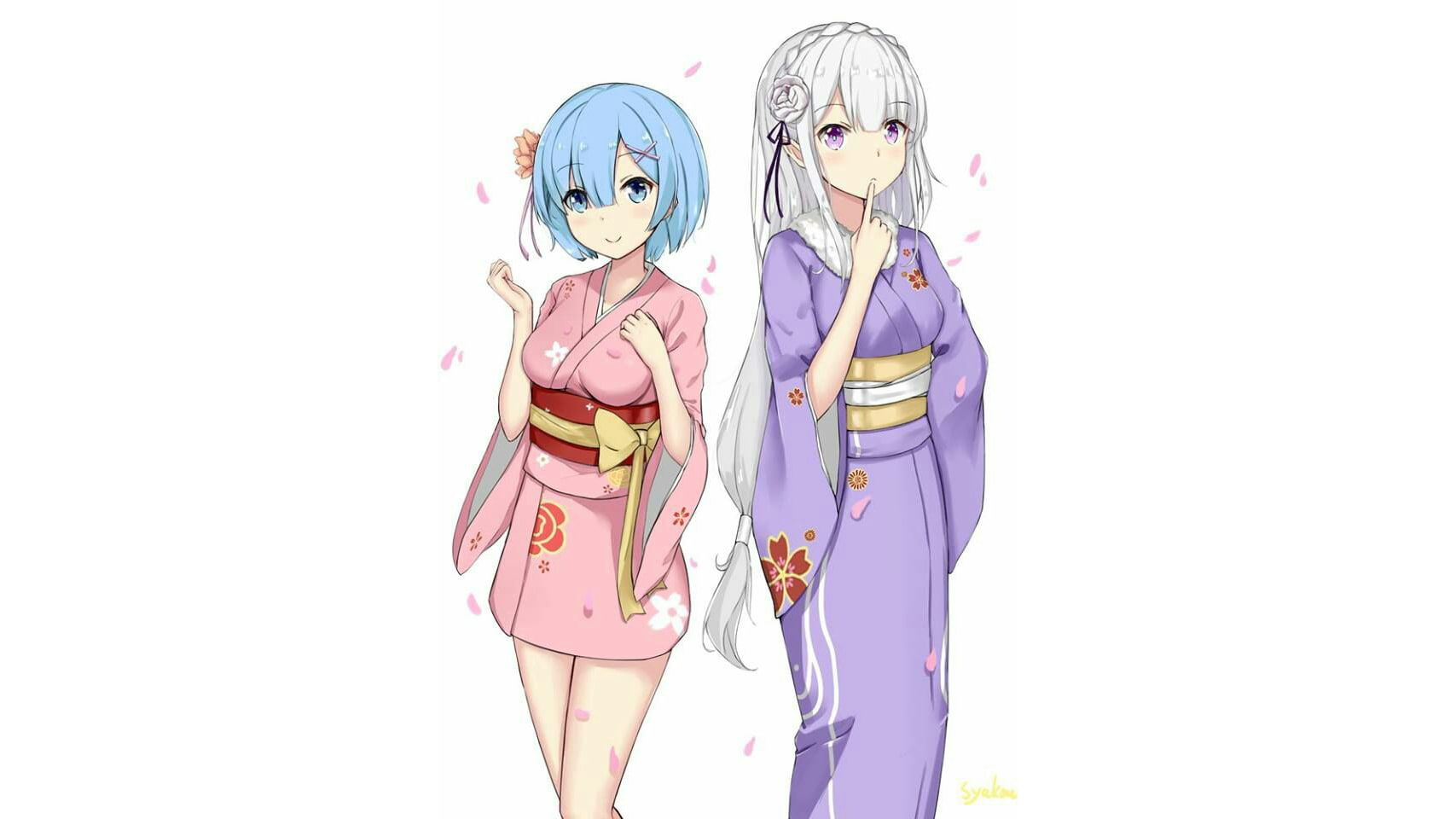 simple background, Emilia (Re: Zero), anime girls, anime, white background, white, Re:Zero Kara Hajimeru Isekai Seikatsu, fan art, yukata, white hair, 720P, HD Wallpaper