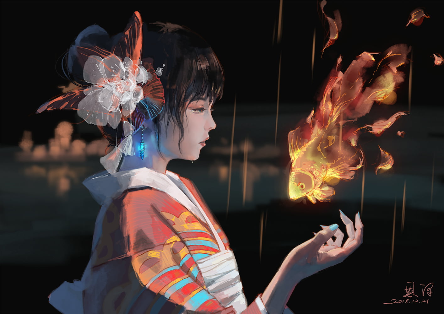 anime, fish, 720P, koi, Japanese kimono, anime girls, yukata, crying, original characters, HD Wallpaper