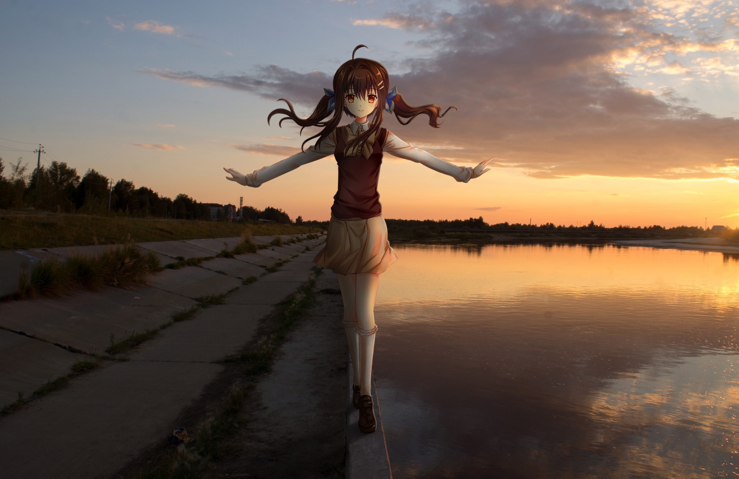 one person, leisure activity, cloud - sky, human arm, child, standing, females, schoolgirl, hair ornament, 2K, girls, sky, water, reflection, limb, arms outstretched, HD Wallpaper