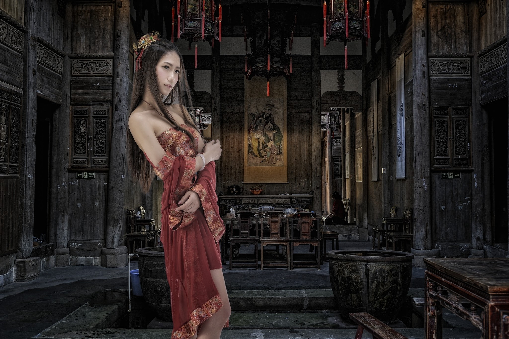 women, long hair, brunette, traditional clothing, 1080P, hair ornament, Asian, HD Wallpaper