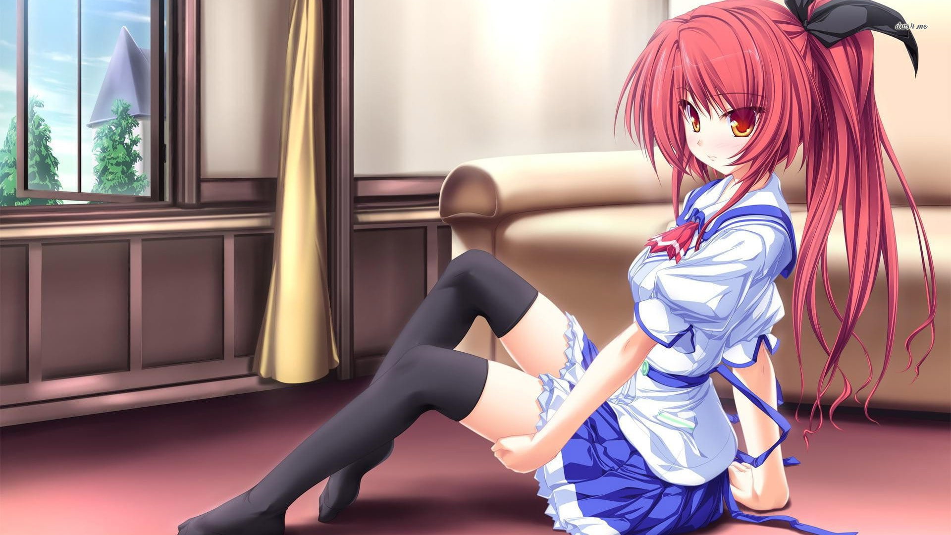 anime girls, activity, beautiful people, skirt, exercising, healthy lifestyle, red eyes, adult, thigh-highs, window, long hair, clothing, females, motion, HD Wallpaper