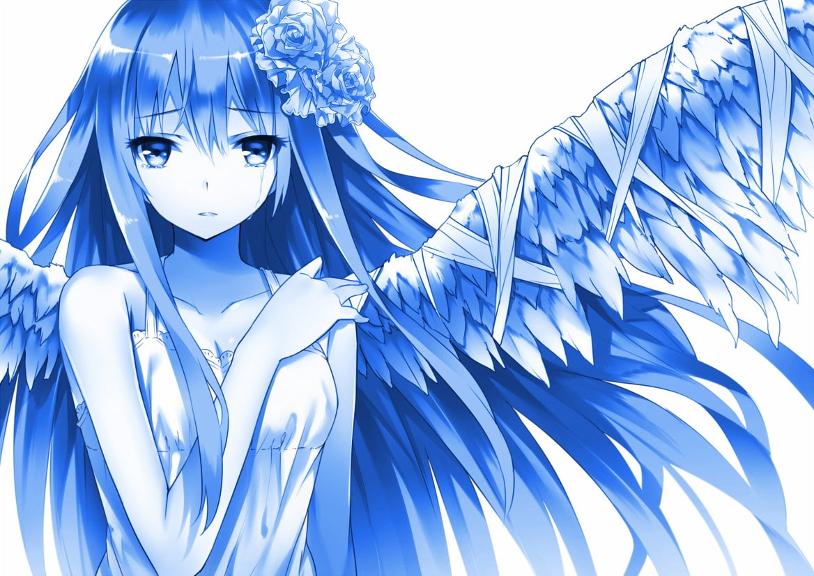 outdoors, sunlight, low angle view, representation, beauty, anime girls, nature, hair ornament, hair, simple background, blue, wings, portrait, front view, HD Wallpaper