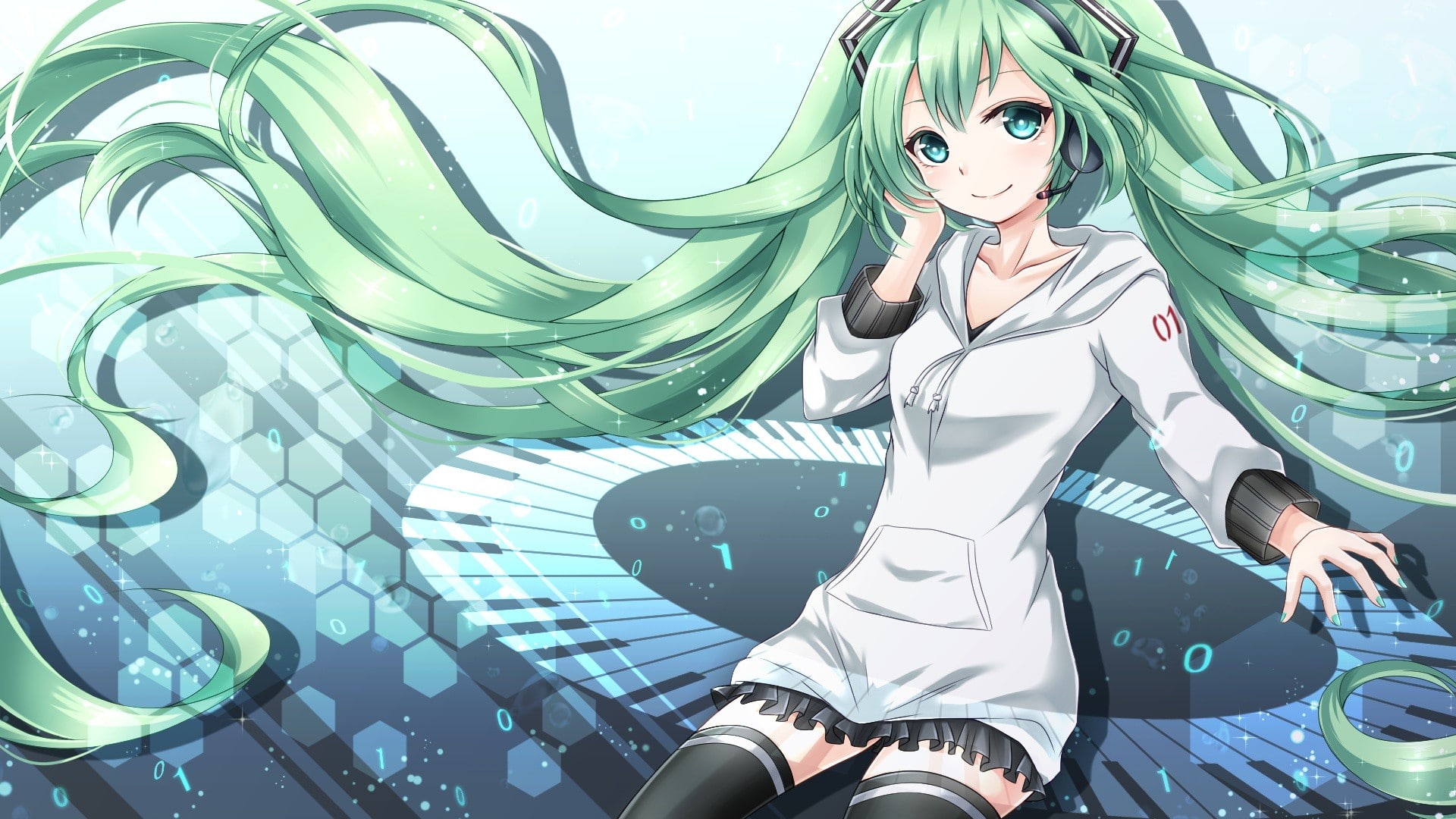 sitting, 1080P, art and craft, representation, anime girls, thigh-highs, green color, one person, aqua hair, twintails, day, adult, aqua eyes, leisure activity, HD Wallpaper