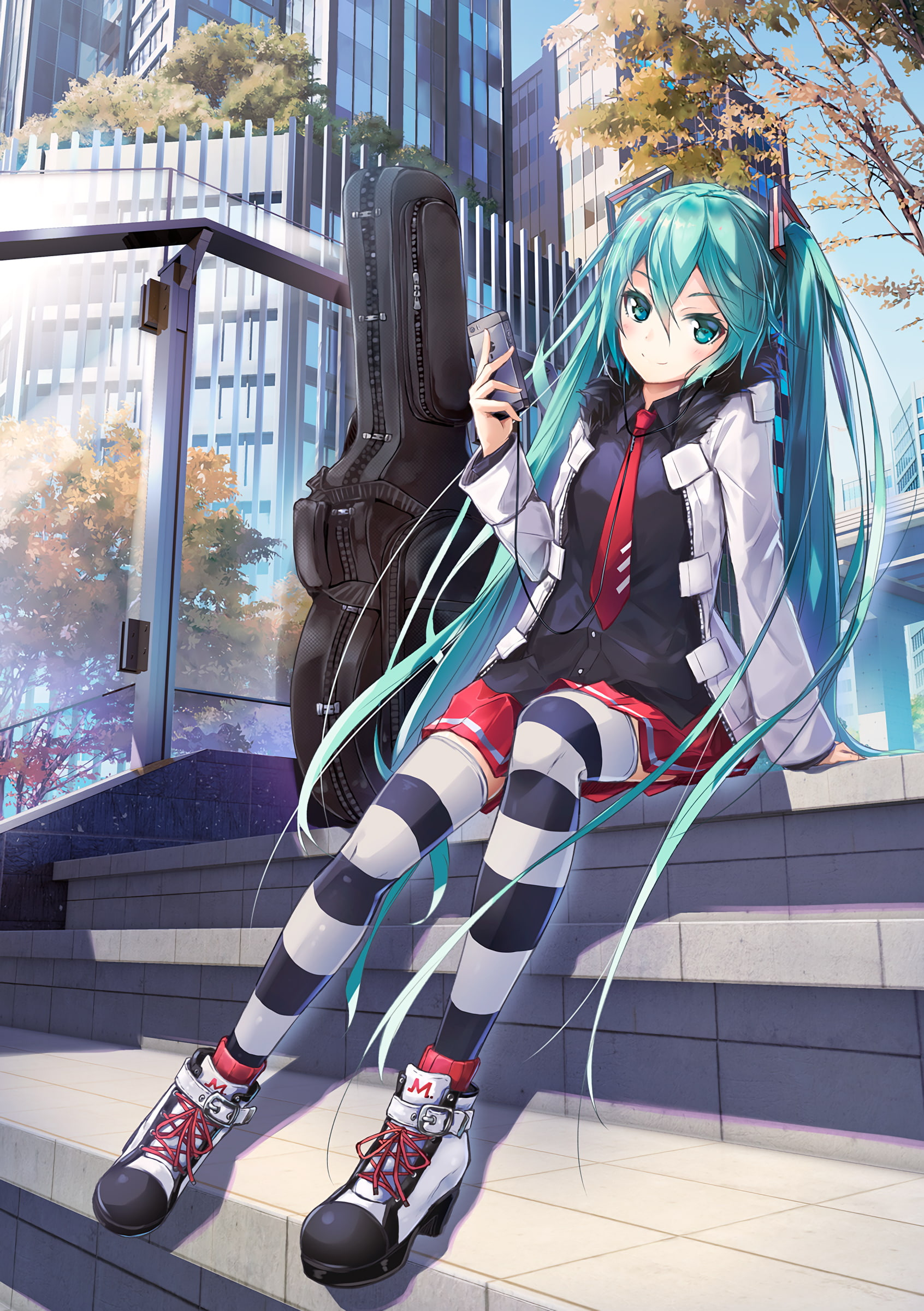 anime, thigh-highs, sitting, architecture, disguise, leisure activity, 1080P, aqua eyes, skirt, anime girls, fun, sport, childhood, Vocaloid, women, stockings, Phone HD Wallpaper