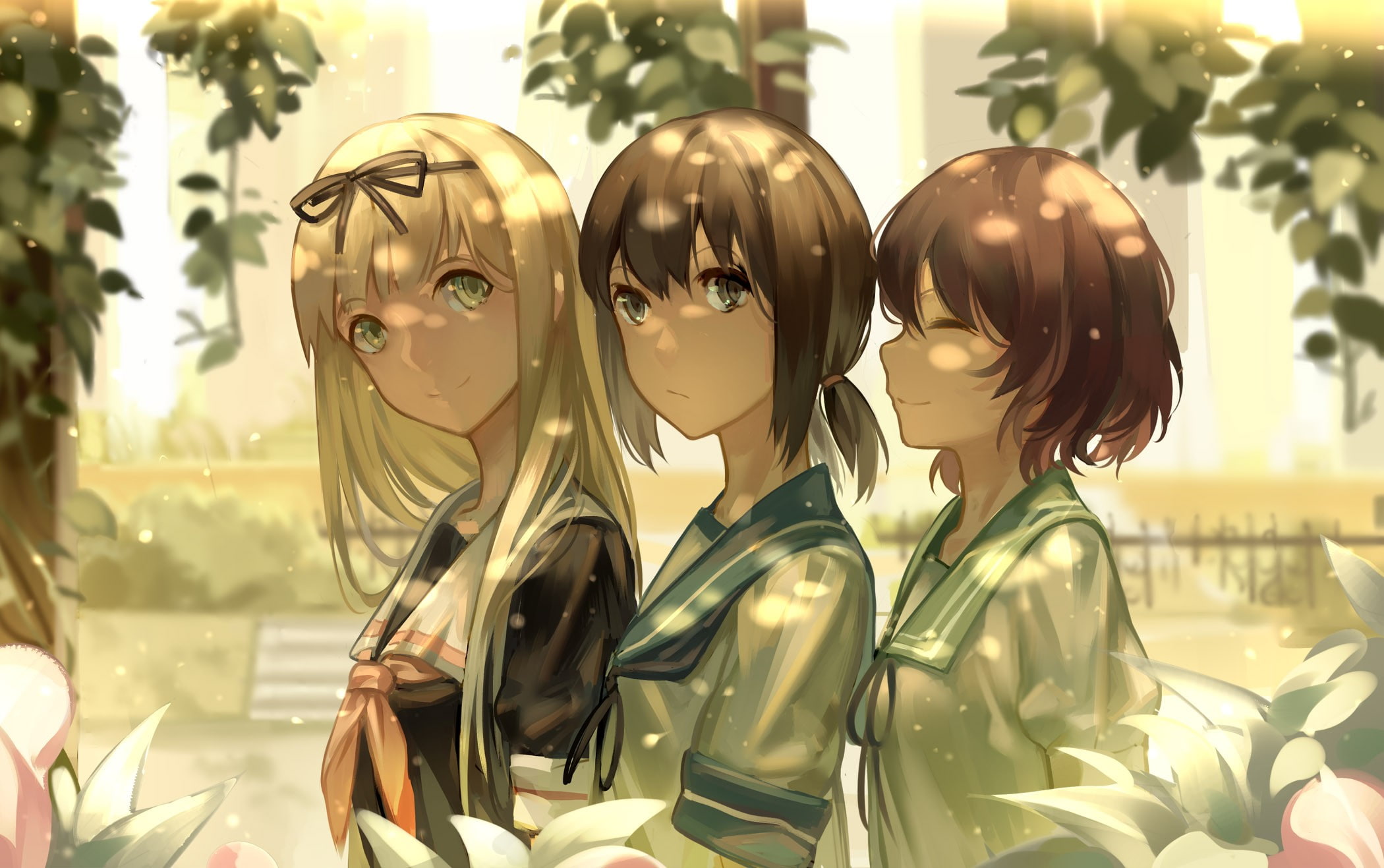 ribbon, Fubuki (KanColle), headband, blonde, Kantai Collection, brunette, 1080P, anime girls, school uniform, long hair, anime, Mutsuki (KanColle), short hair, HD Wallpaper