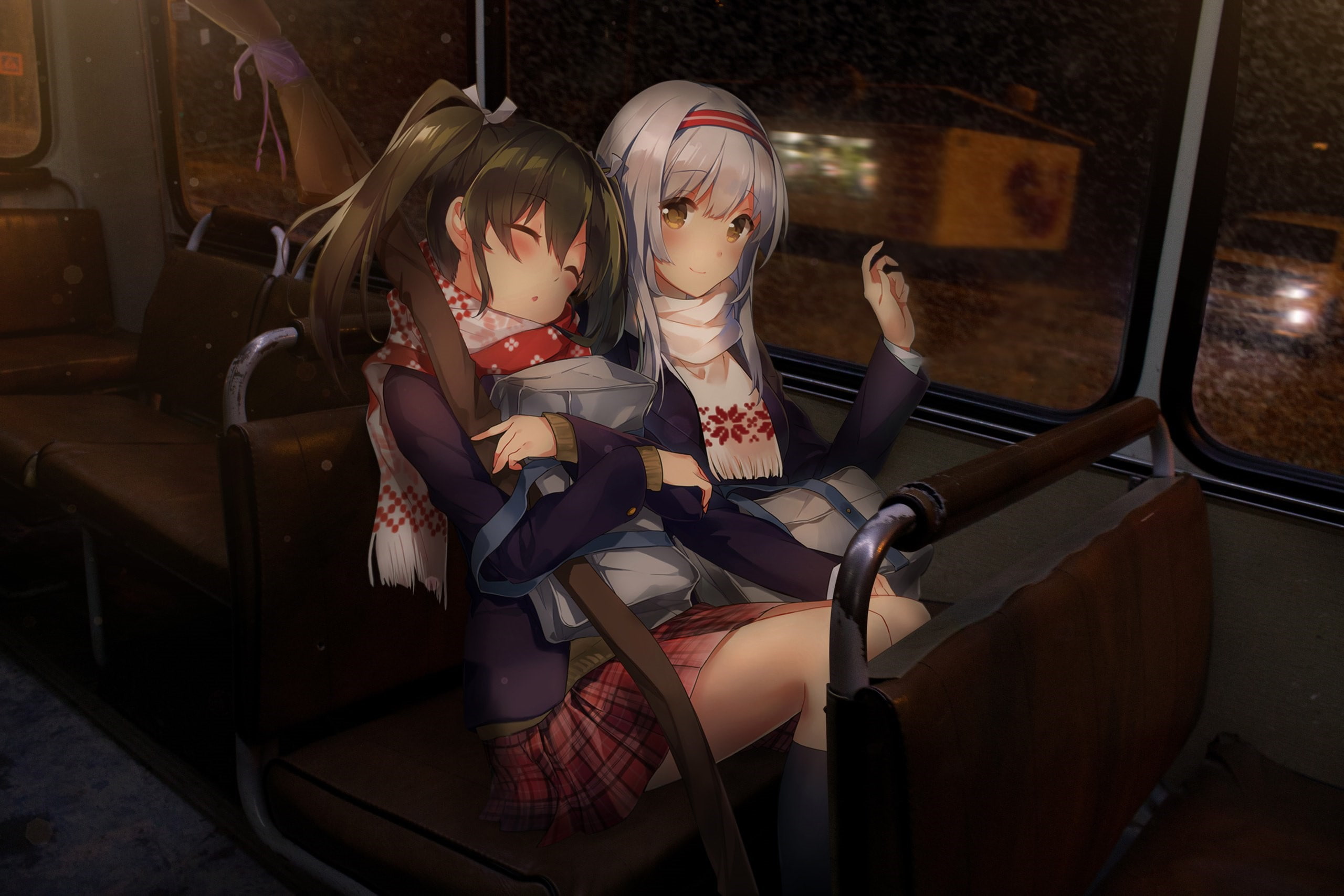 smiling, sitting, backpacks, yellow eyes, scarf, Kantai Collection, long hair, Shoukaku (KanColle), 2K, buses, Zuikaku (KanColle), hair ornament, schoolgirl, HD Wallpaper