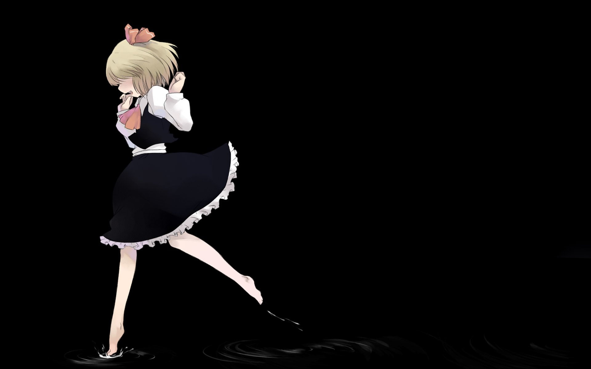 mouth, school, bangs, drops, video, schoolgirls, hair, raised, rumia, short, blush, uniforms, arms, skirts, barefoot, bows, running, dark, simple, ornaments, HD Wallpaper