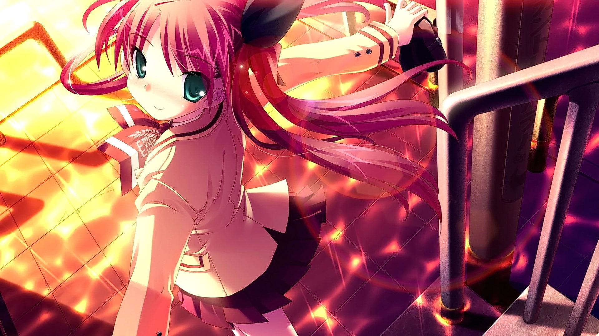anime, looking at viewer, illuminated, people, multi colored, shopping, shoe, smiling, redhead, store, green eyes, party - social event, indoors, women, HD Wallpaper