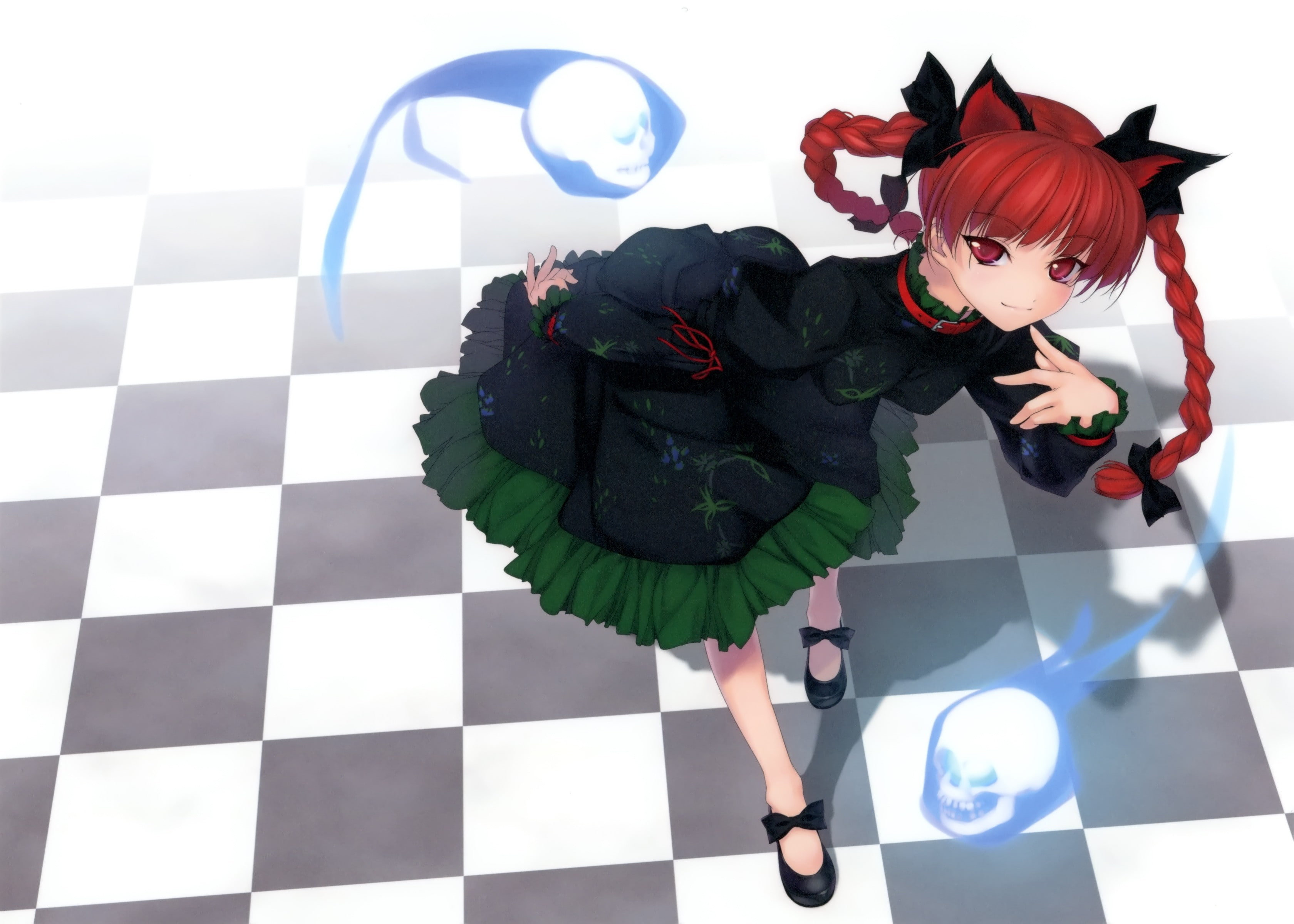 front view, ribbon, nekomimi, one person, dress, animal ears, black color, standing, lifestyles, video games, skull, hair ornament, red eyes, high angle view, HD Wallpaper