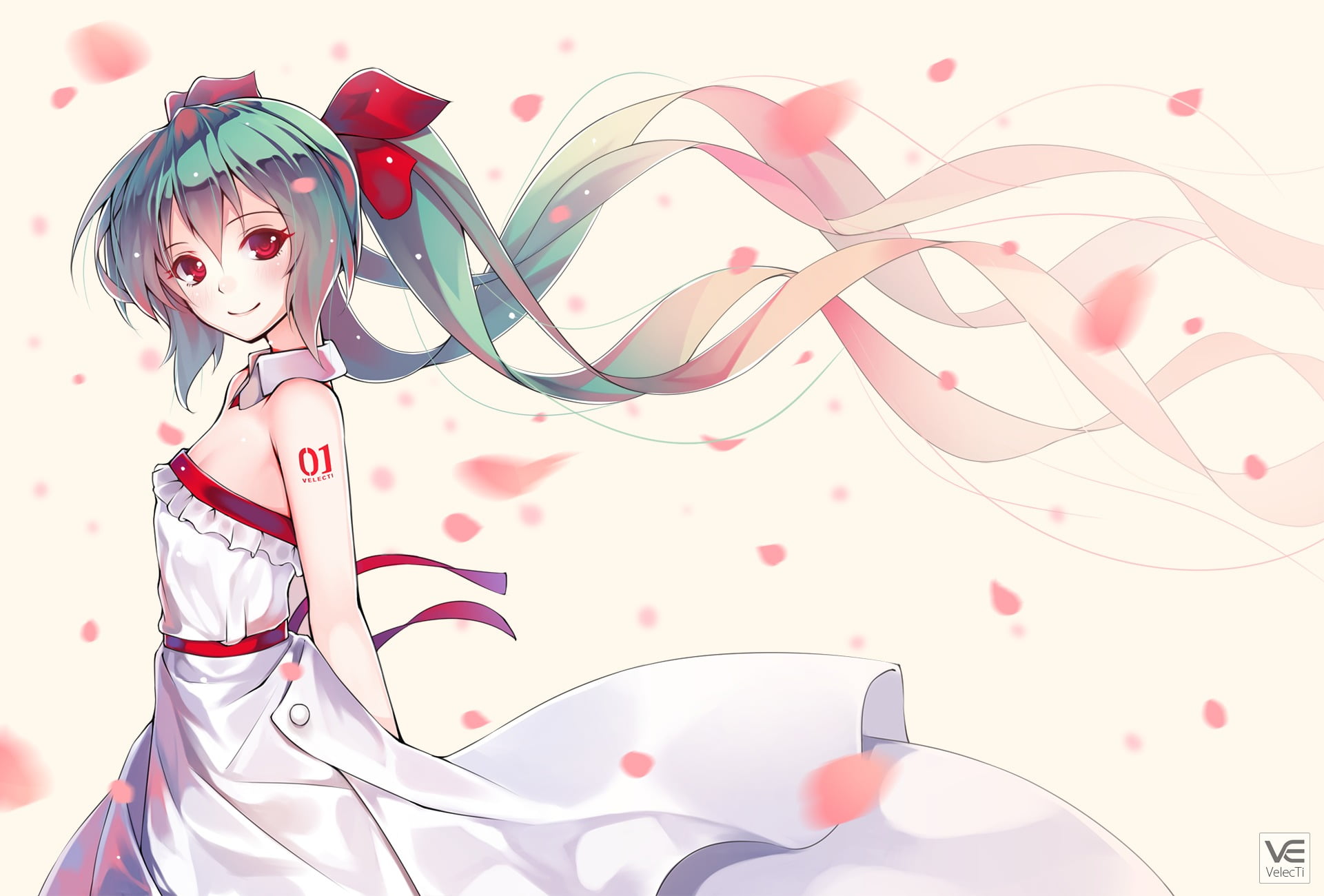 red, indoors, portrait, pattern, bangs, petals, studio shot, close-up, front view, creativity, fashion, white dress, tattoo, blushing, hair ornament, Vocaloid, HD Wallpaper