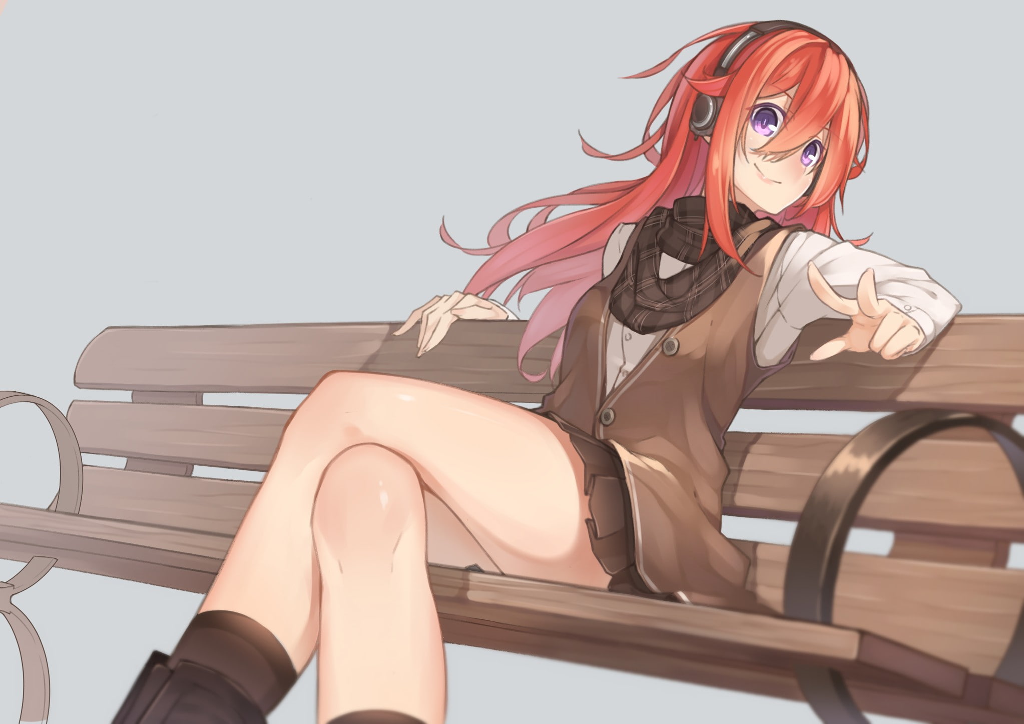 Akame ga Kill!, bench, simple background, scarf, blushing, Chelsea, violet eyes, 1080P, redhead, headphones, HD Wallpaper