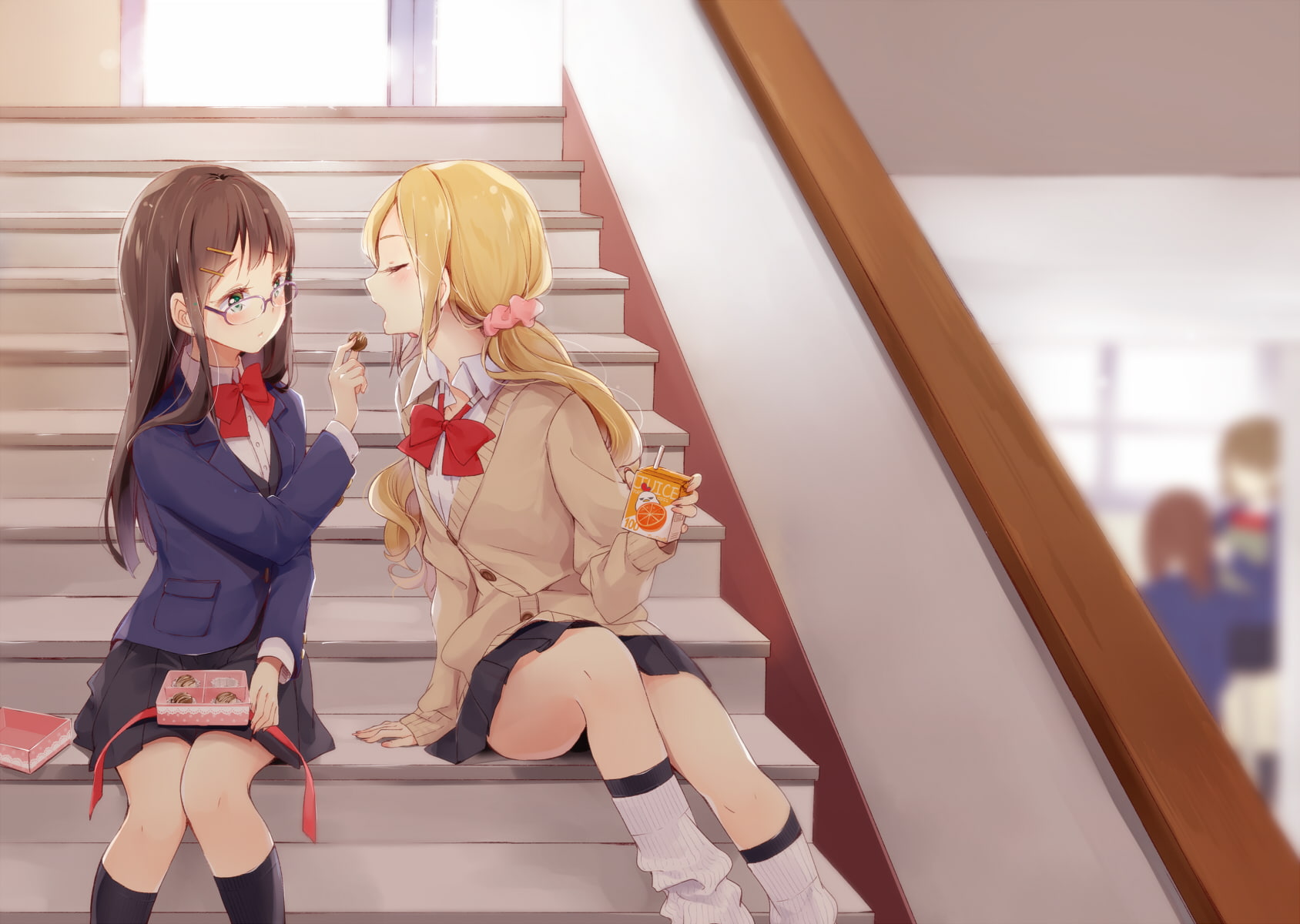 adult, indoors, juice, sitting, togetherness, 720P, blonde, lifestyles, long hair, young women, front view, real people, school uniform, females, women, HD Wallpaper